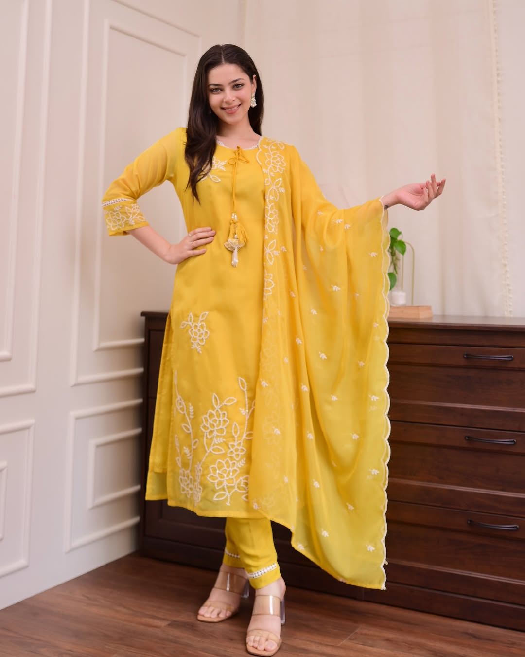 Indian Organza Suit Yellow And Hot Pink With Tassels (P6AL0003)