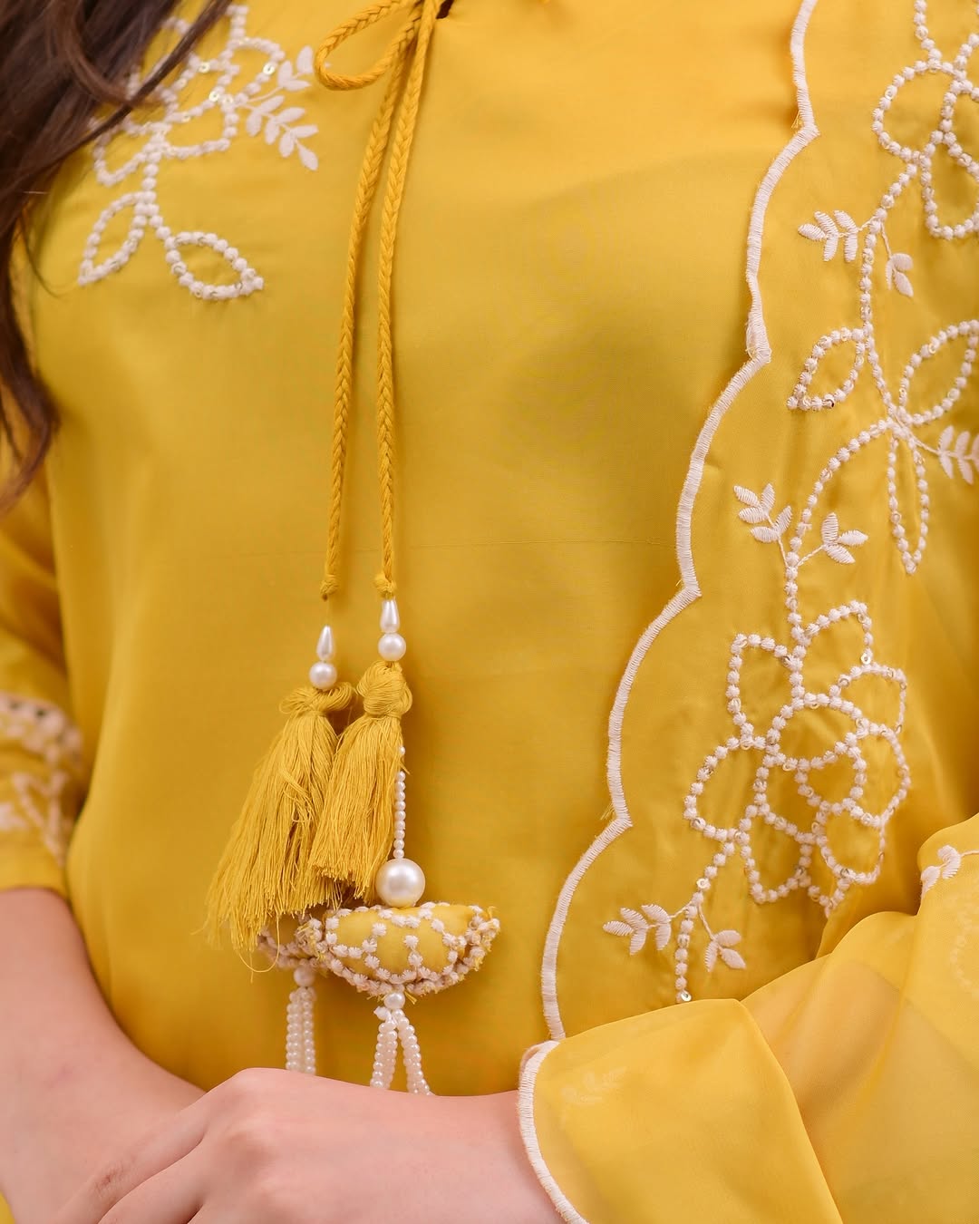 Indian Organza Suit Yellow And Hot Pink With Tassels (P6AL0003)