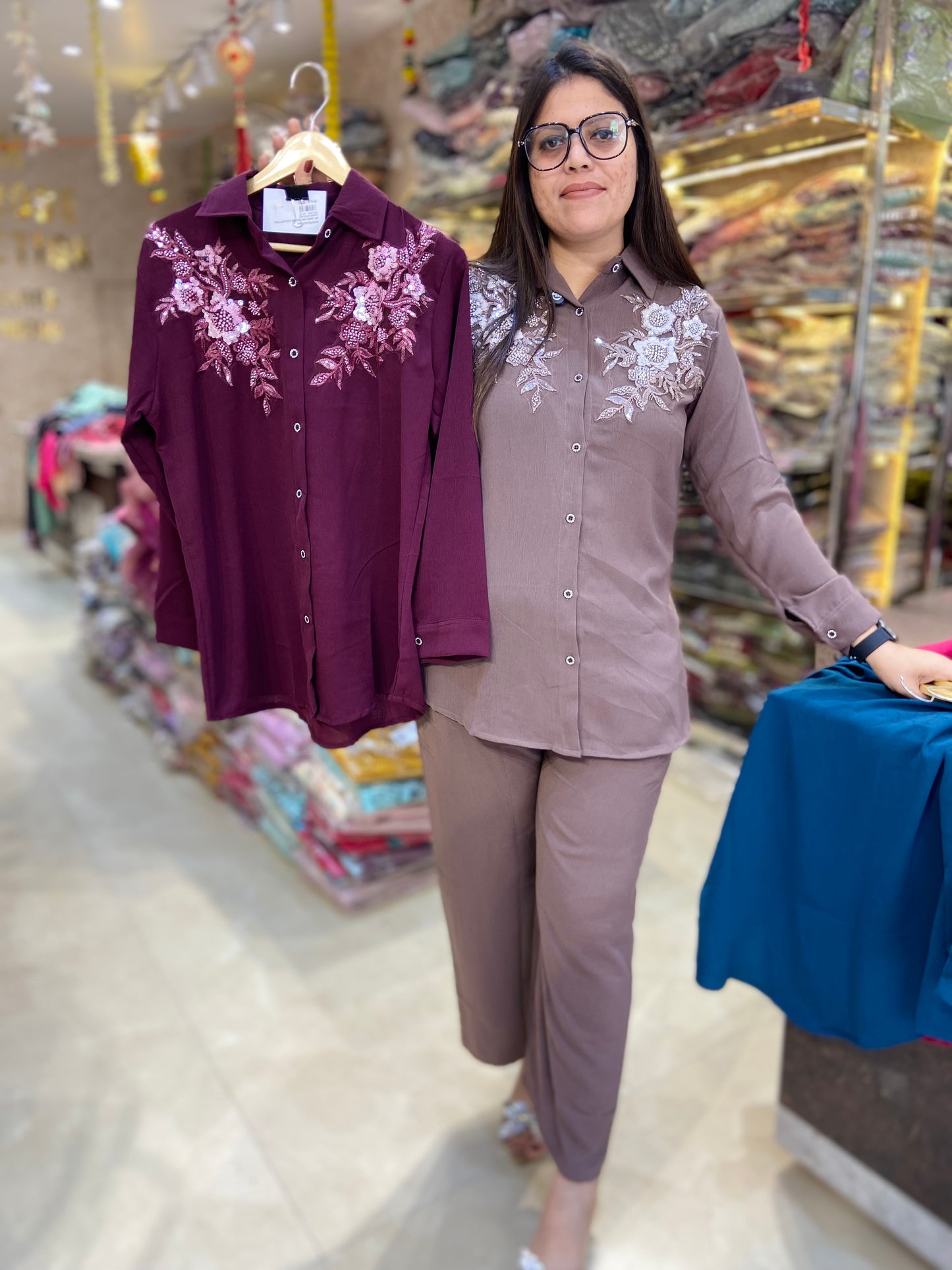 PREMIUM GEORGET SHIRT NECK DESIGN WITH PEARL AND THREAD DESIGN WITH BEAUTIFUL BOTTOM CORDSET