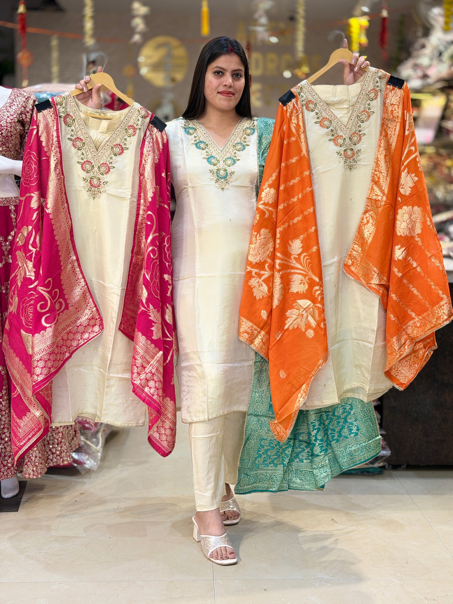 IVORY RUSSIAN SILK WITH CONTRAST DUPPTA SUIT