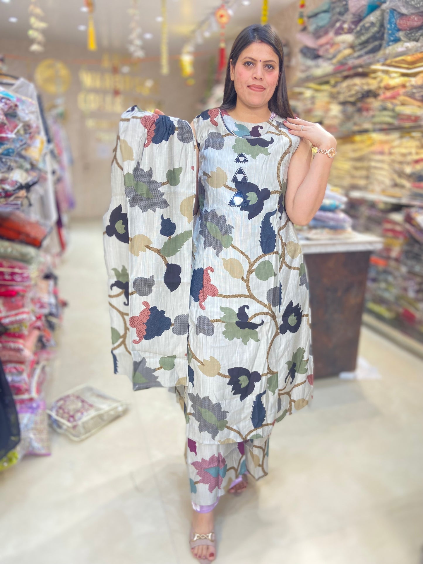 NECK DESIGN MIRROR WORK A-LINE SHIRT WITH PLAZO CORDSET