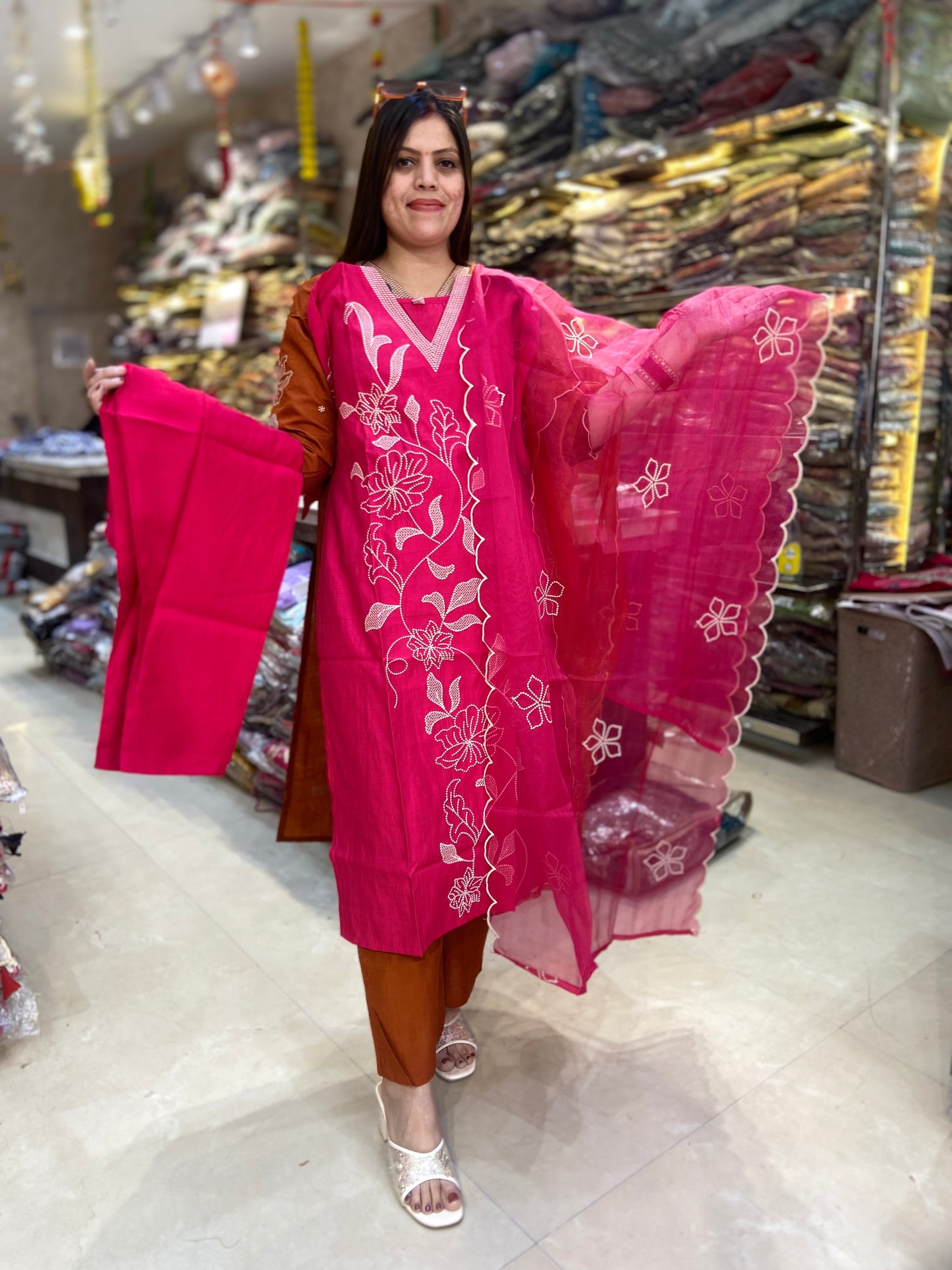 PURE COTTON V NECK DESIGN WITH ORGANZA DUPPTA SUIT