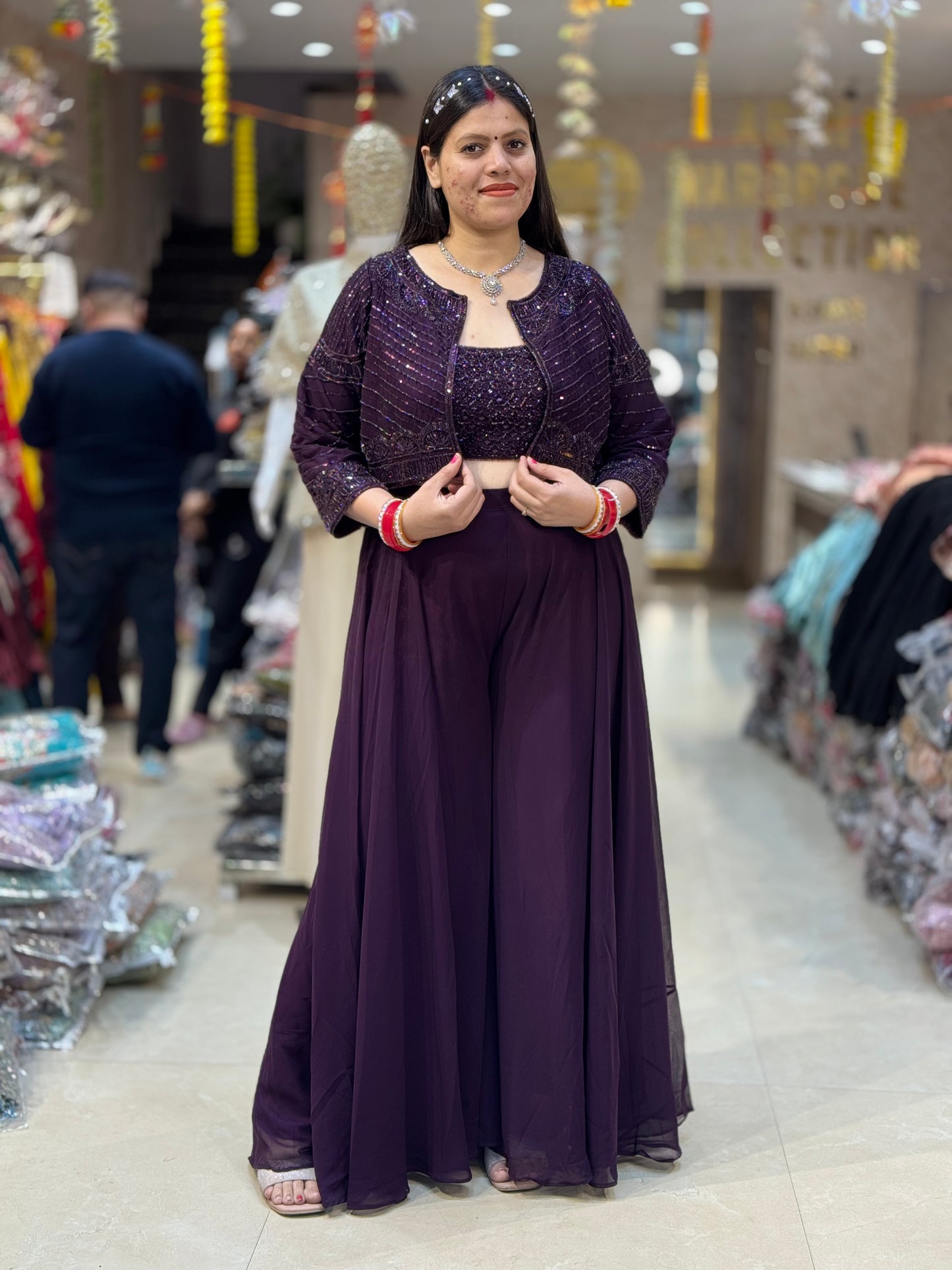 PARTY WEAR CROPE TOP WITH JAKET FULL FLAIR JAFFA