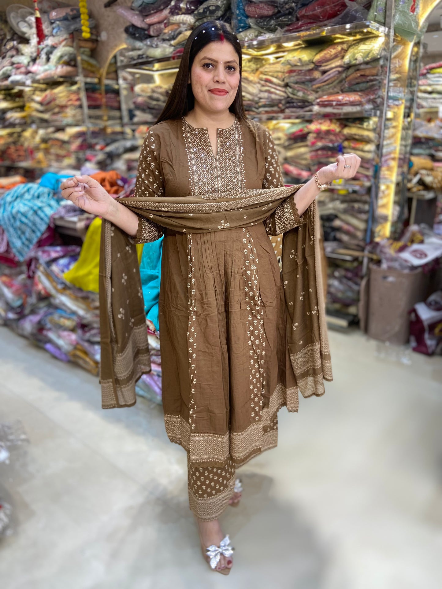 BROWN PURE COTTON NECK DESIGN KALI WORK ANARKALI