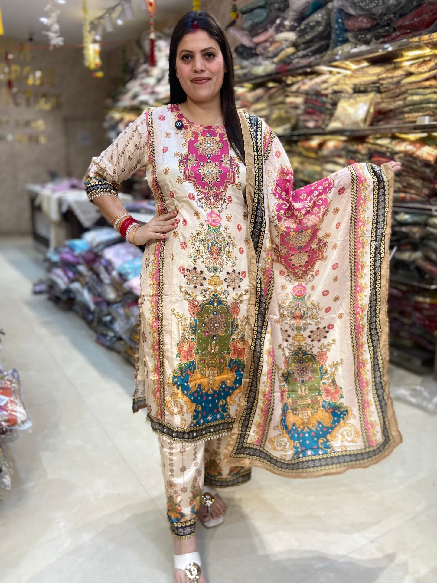 IVORY PURE CREPE MIRROR WORK PLAZO SUIT