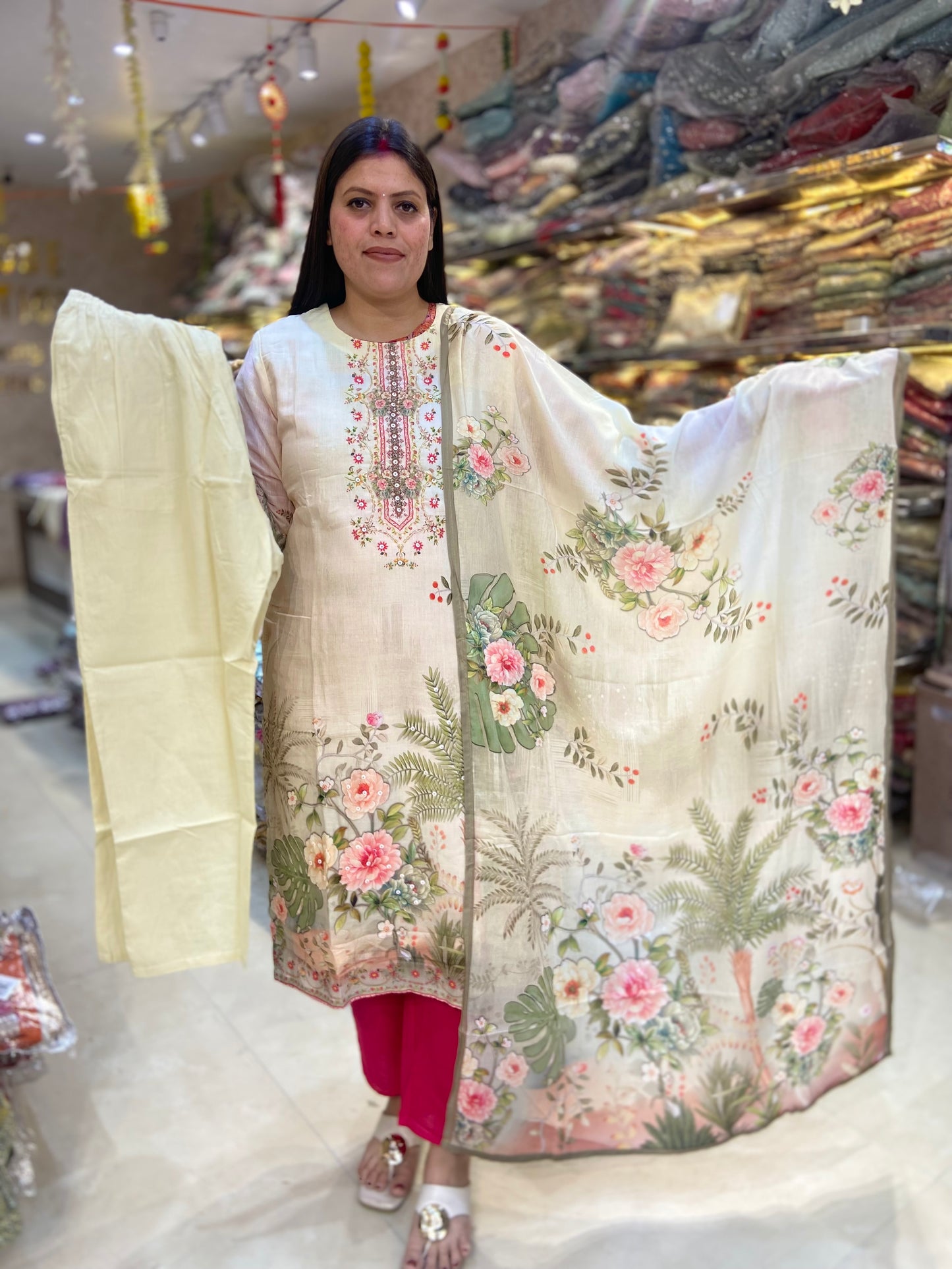 OFF WHITE FLORAL PEARL WORL DESIGN SUIT