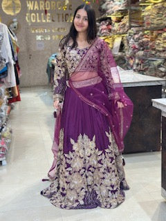 PURPLE GOLDEN SIPI WORK FULL FLAIR LEHENGA