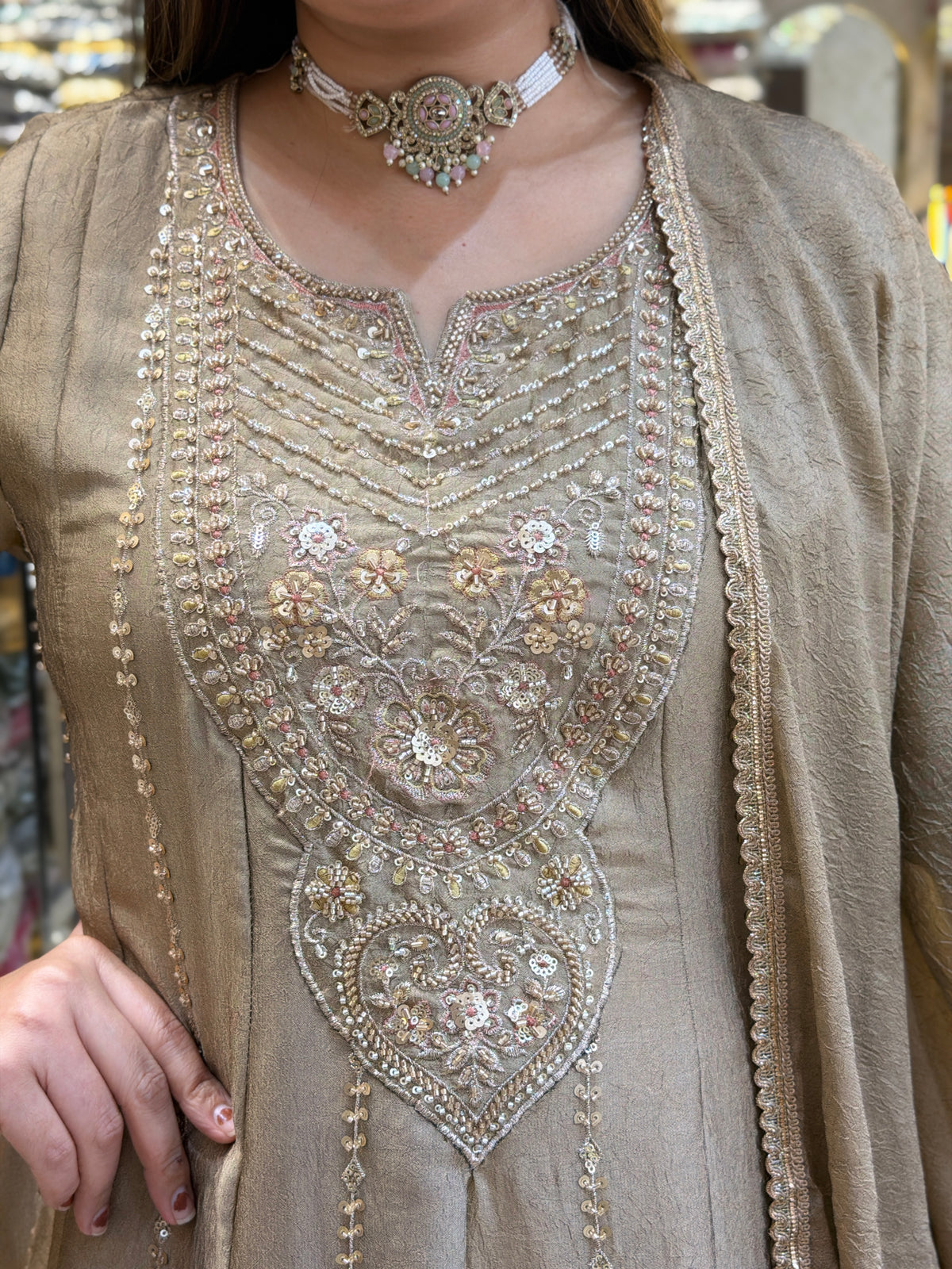 IVORY GOLD PREMIUM SILK HAND WORK DESIGN ANARKALI