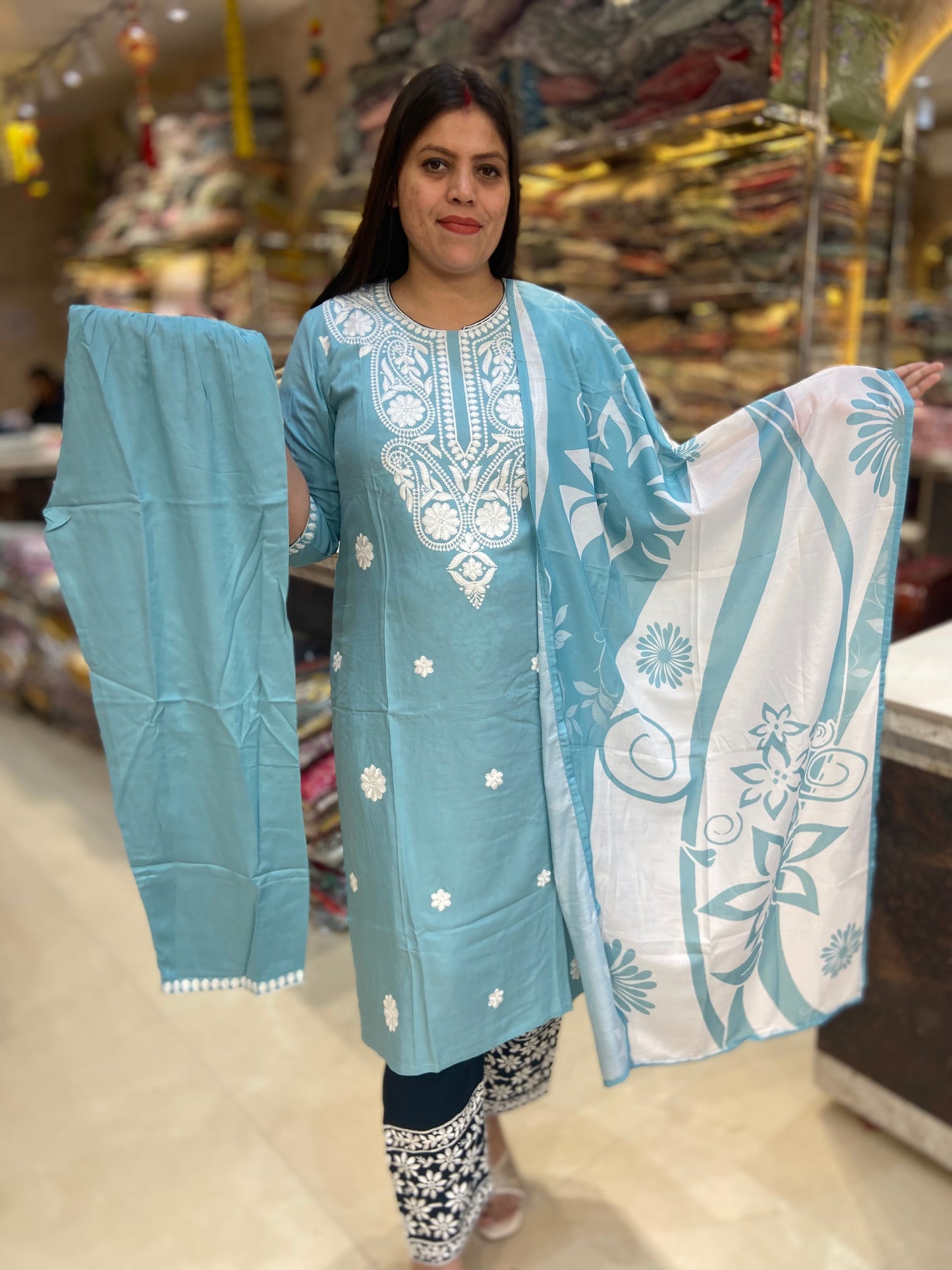 POWDER BLUE WHITE THREAD WORK SUIT