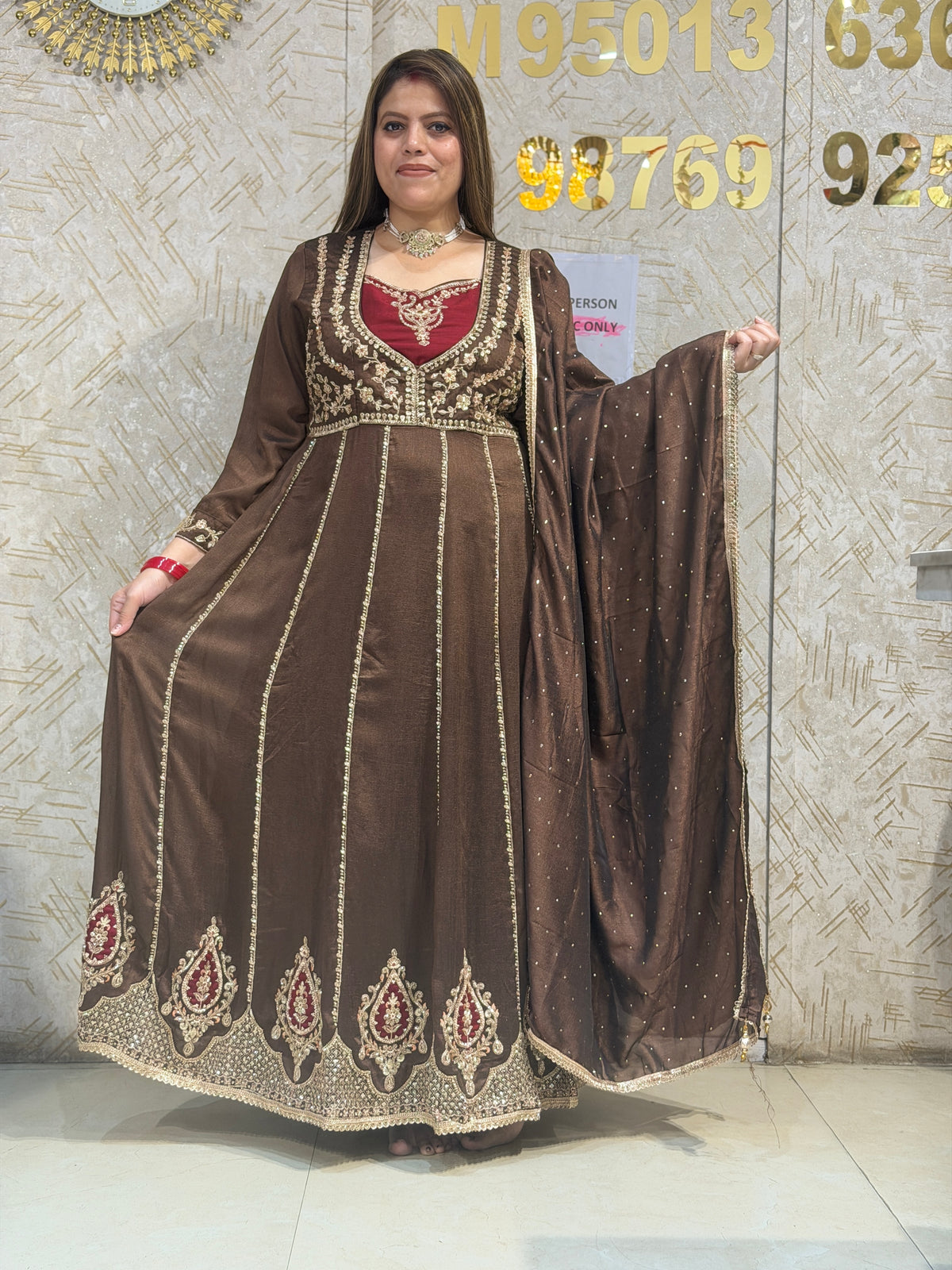 BROWN NECK DESIGN LONG LENGTH 2PC ANARKALI