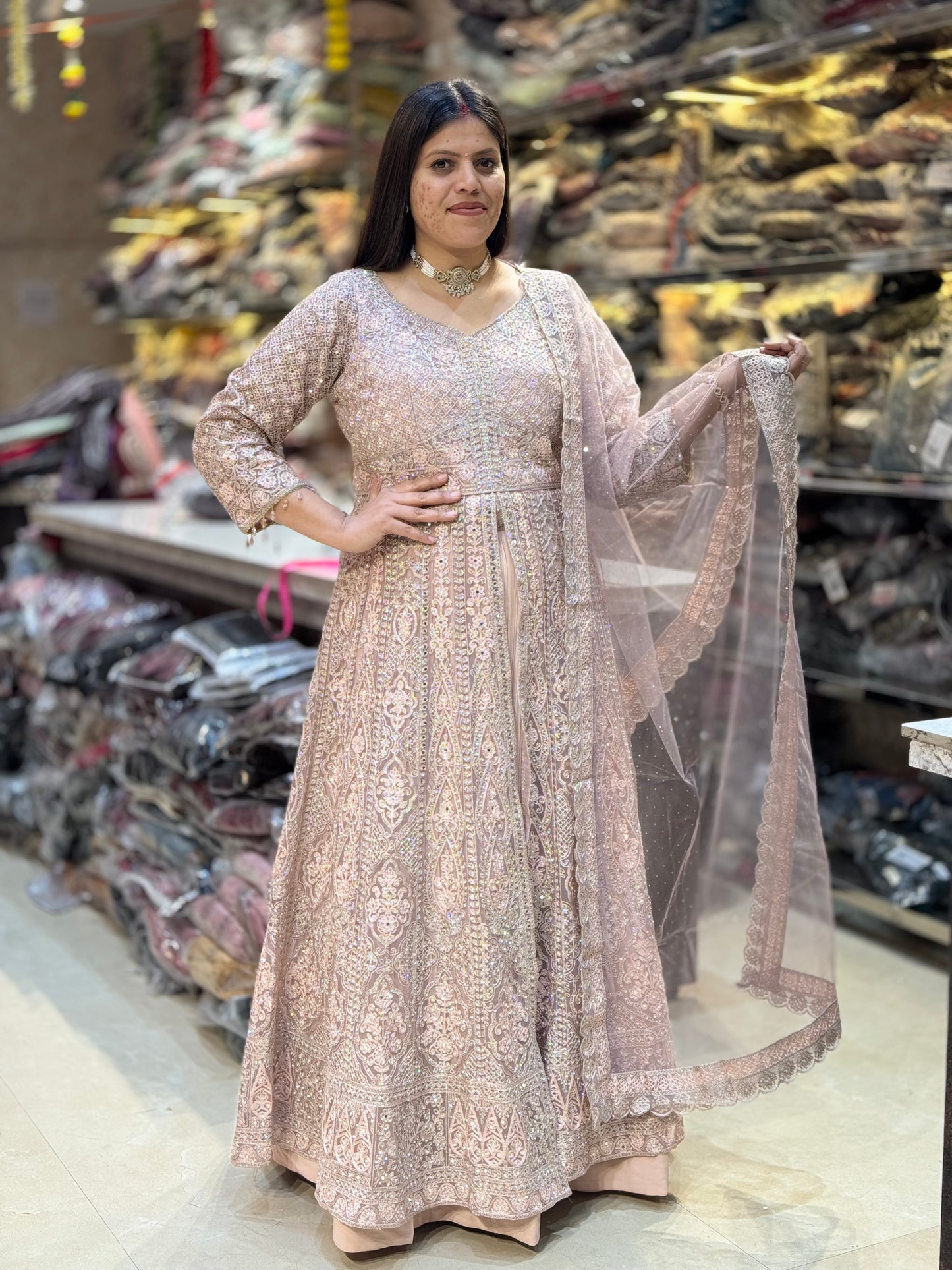 NUDE PINK WEDDING WEAR FRONT CUT LEHNGA