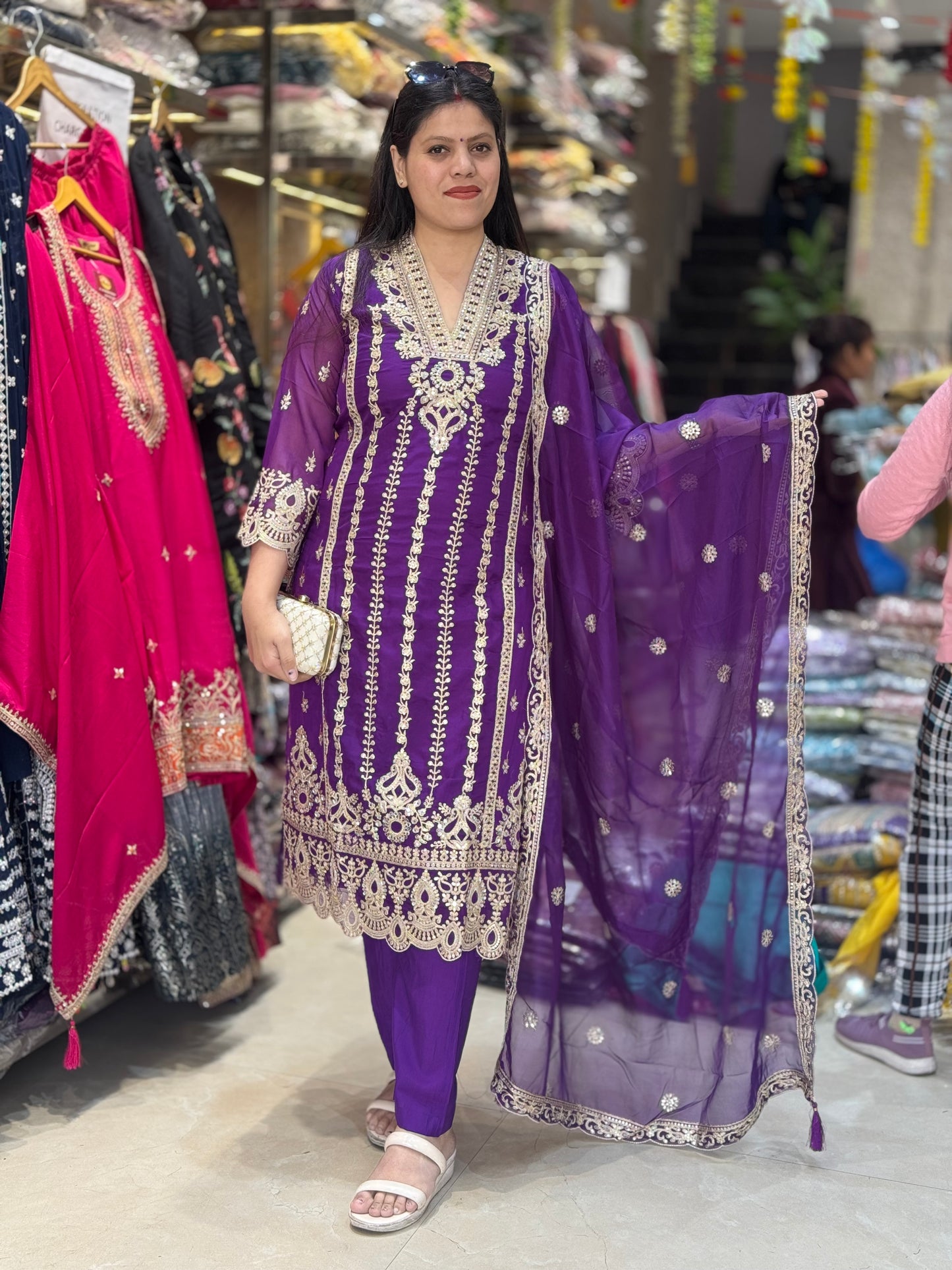 Graceful V-Neck Pakistani Suit – Handcrafted Tilla & Mirror Work in our Jalandhar city