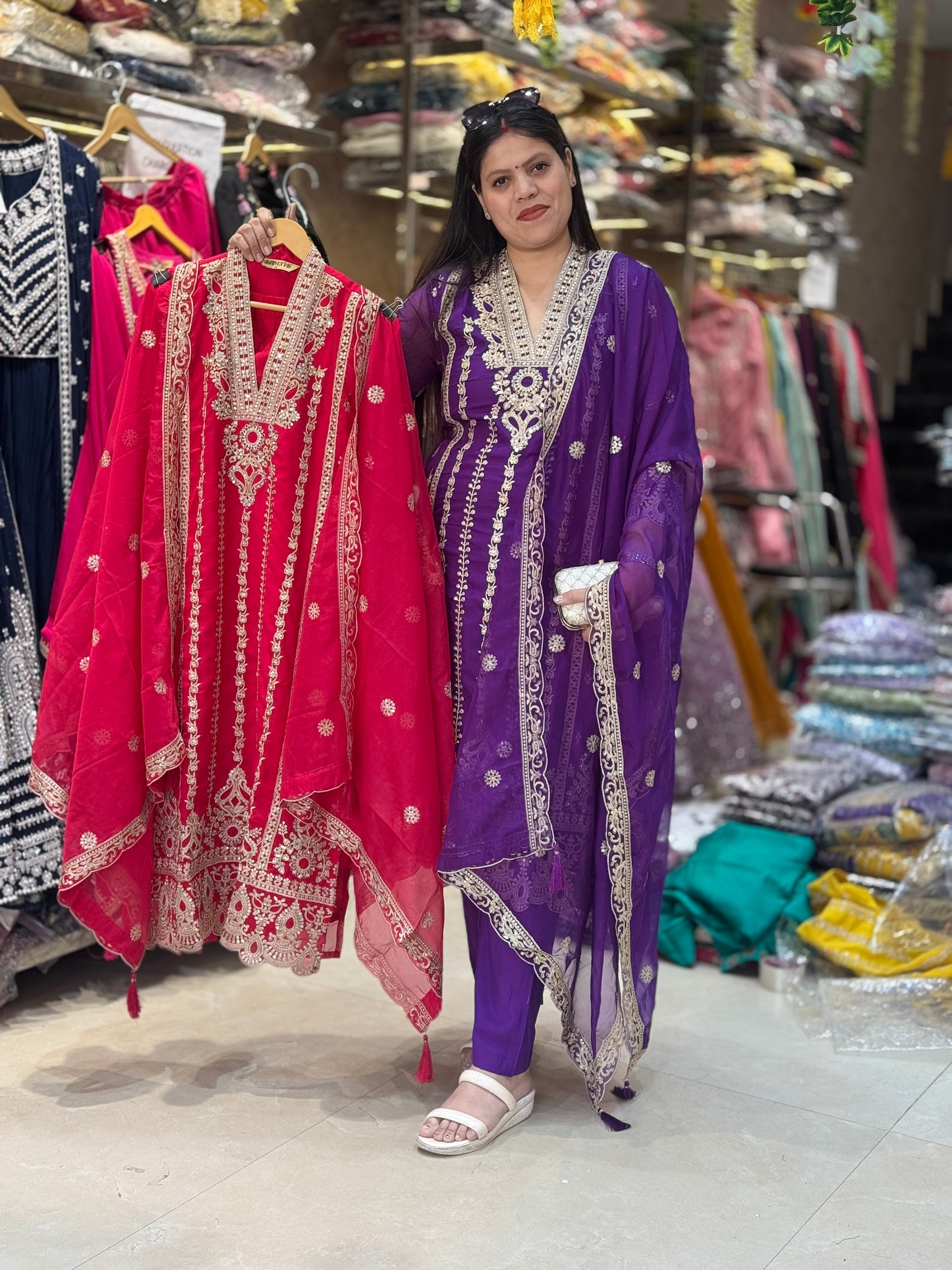 Graceful V-Neck Pakistani Suit – Handcrafted Tilla & Mirror Work in our Jalandhar city