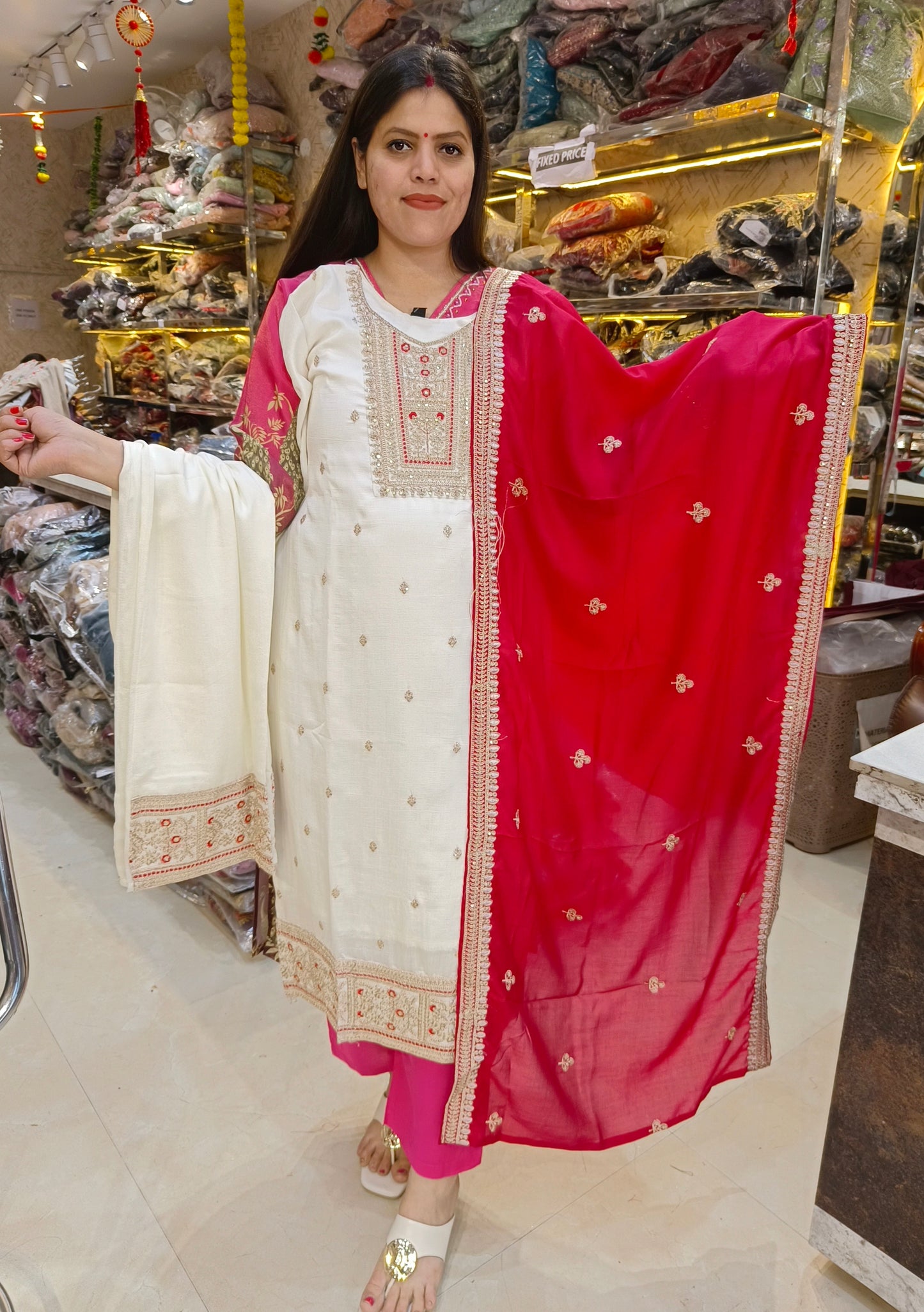 WHITE WITH RED DUPPTA BANARSI SUIT