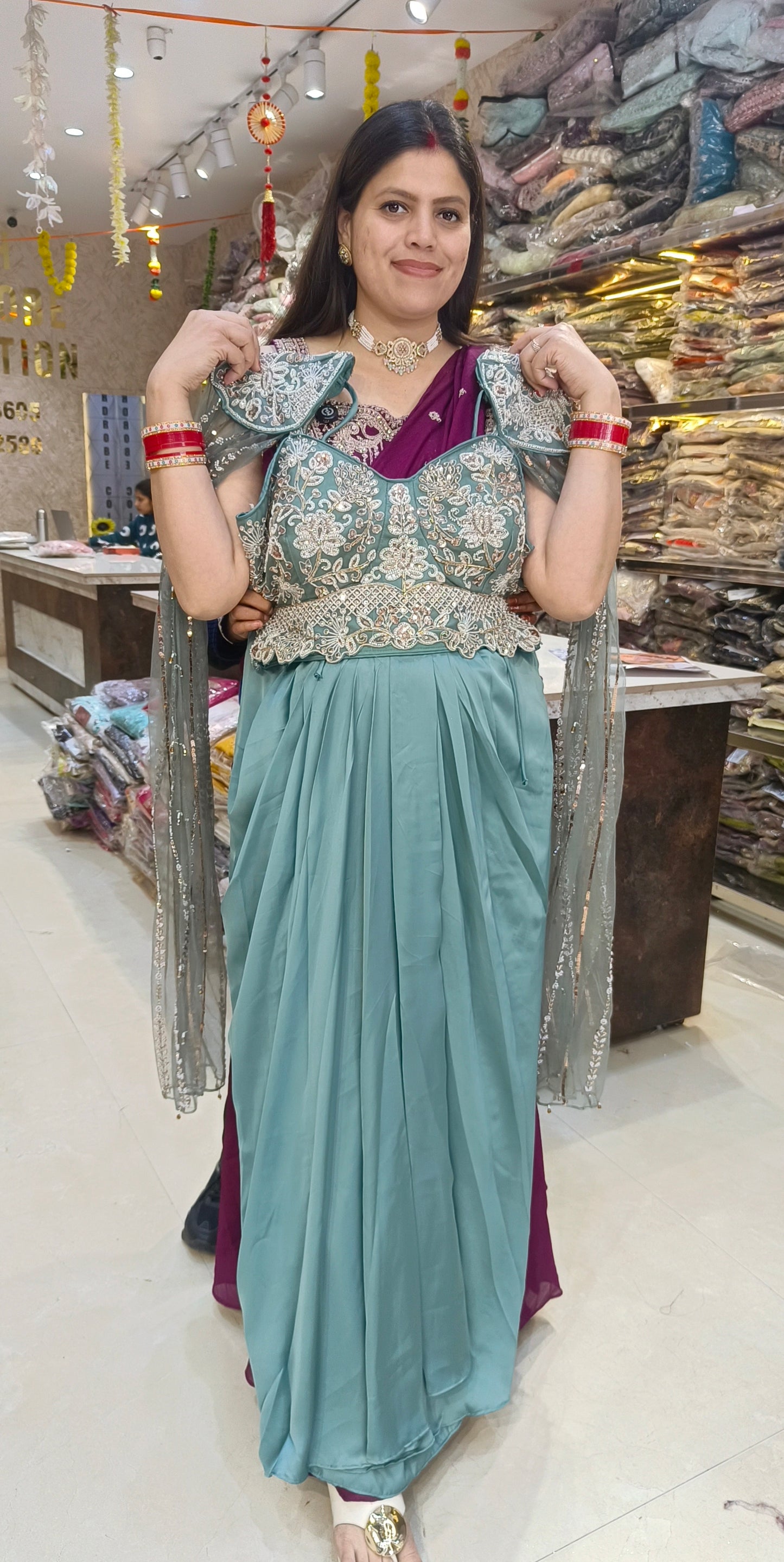 WEDDING WEAR PREMIUM SILK DESIGNER TOP WITH SKIRT