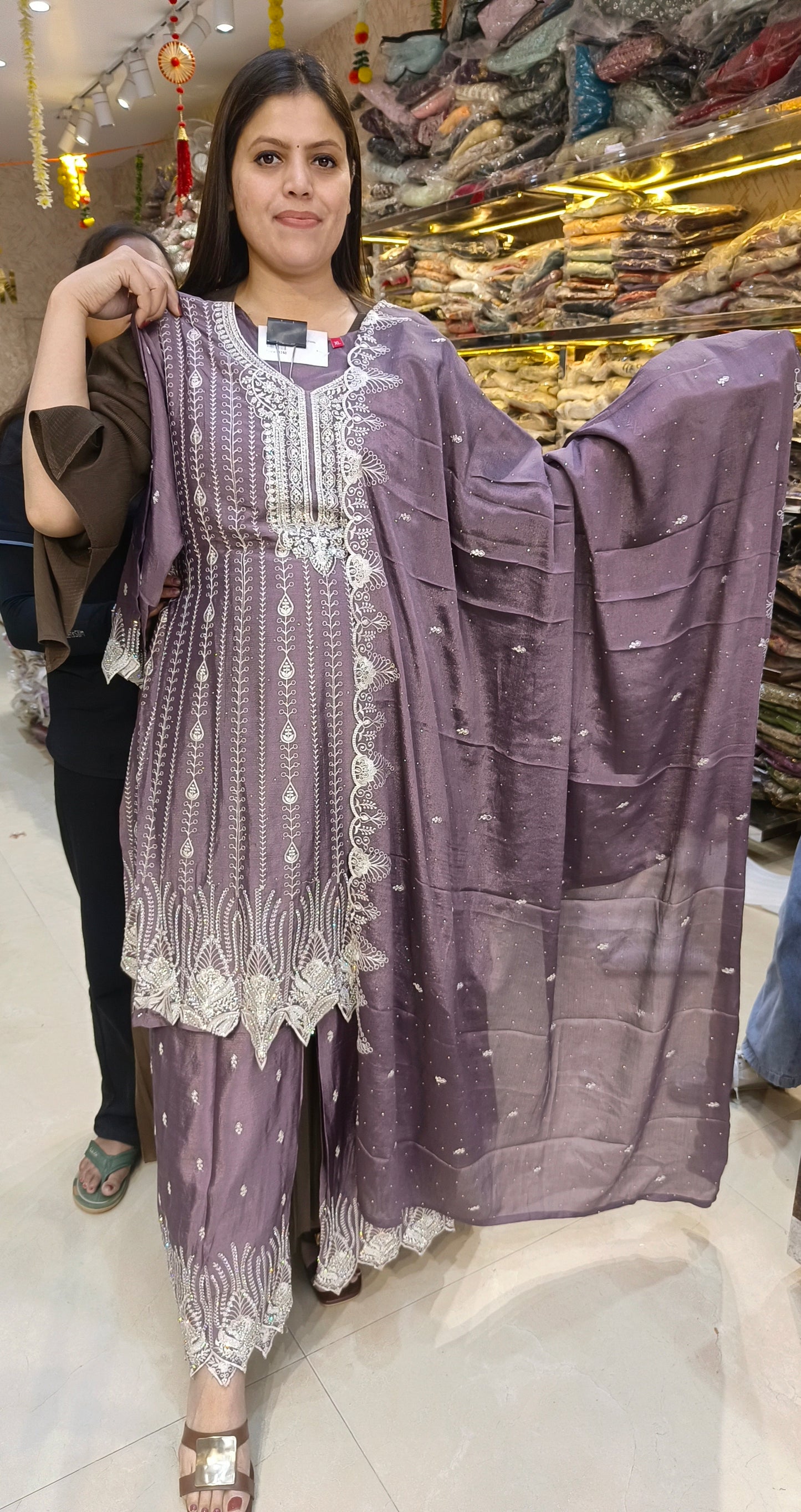 PARTY WEAR FANDY SILK SILVER DESIGN PLAZO SUIT