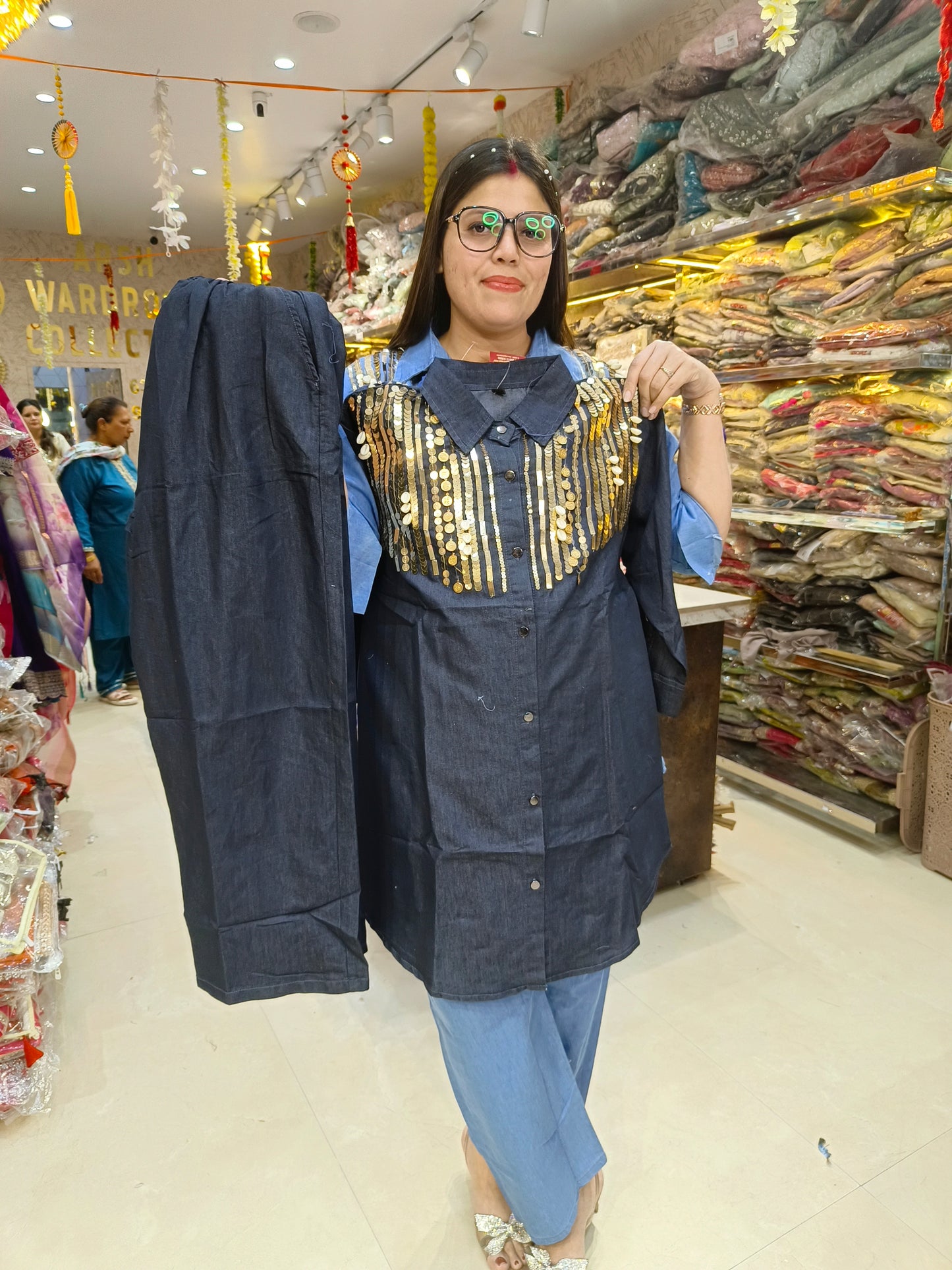 BEAUTIFUL GOLDEN SIPI WORK DESIGN ON TOP DENIM CORDSET