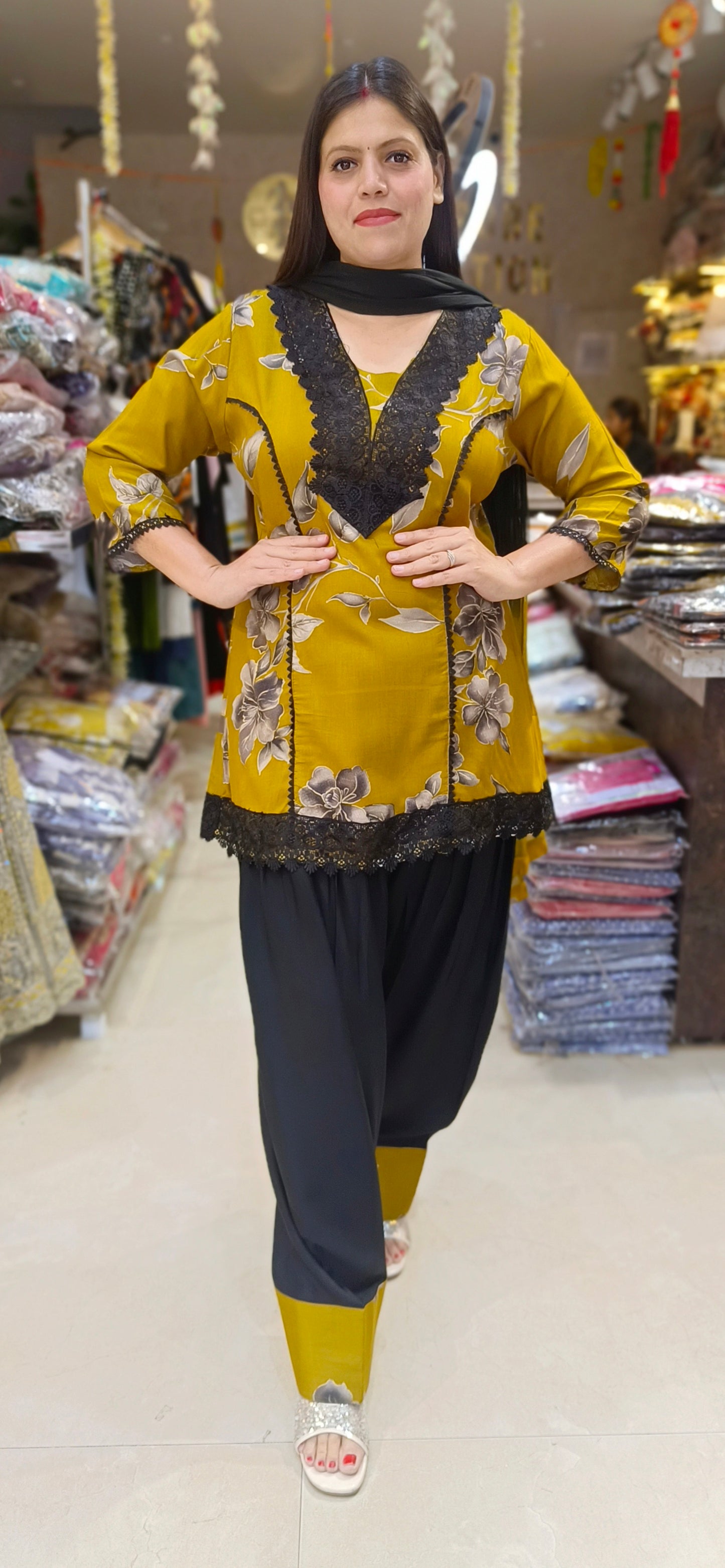MEHNDI GREEN SHIRT WITH BLACK FARSHI SALWAR SUIT