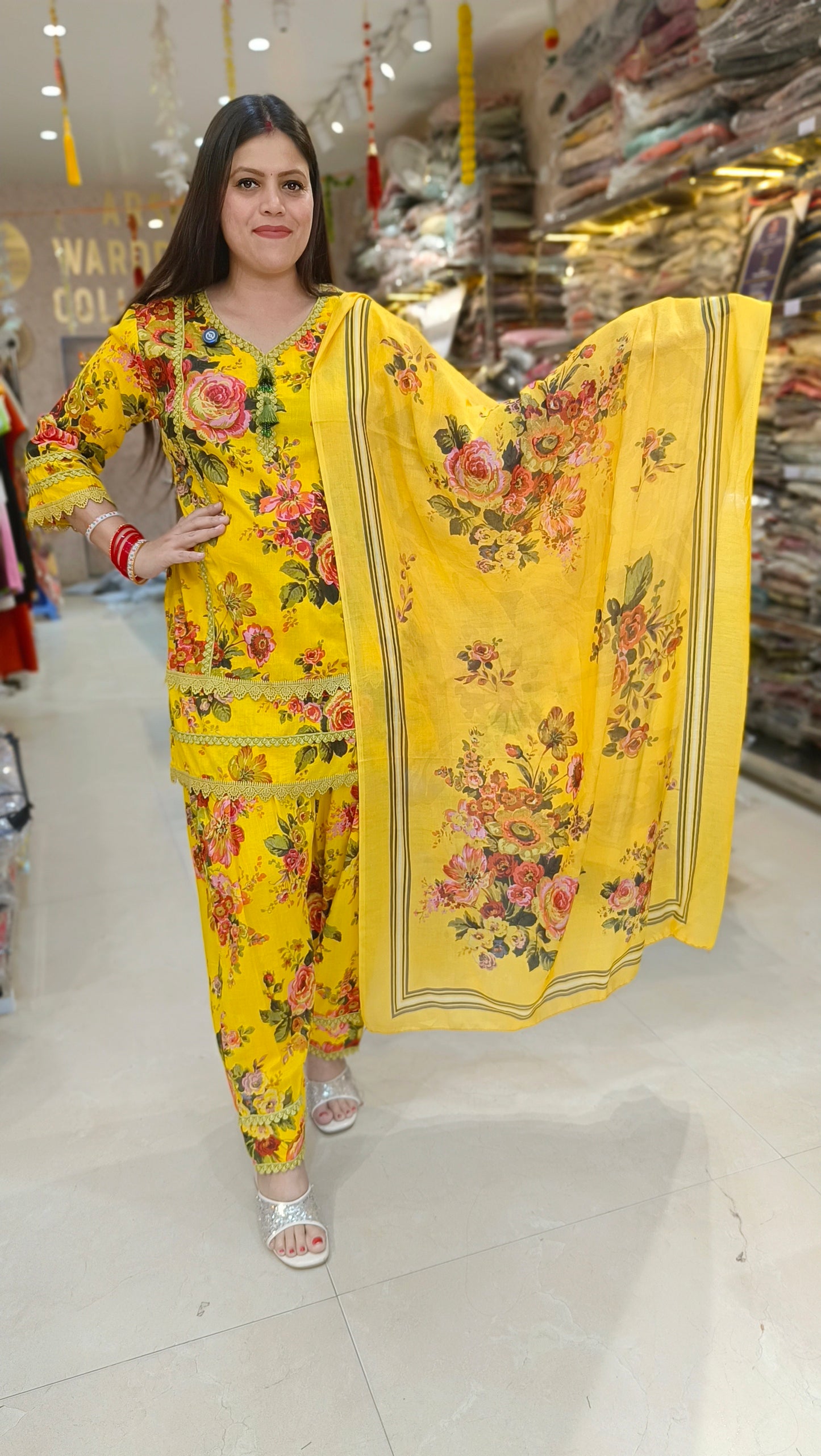 YELLOW PURE COTTON FLORAL DESIGN FARSHI SALWAR SUIT