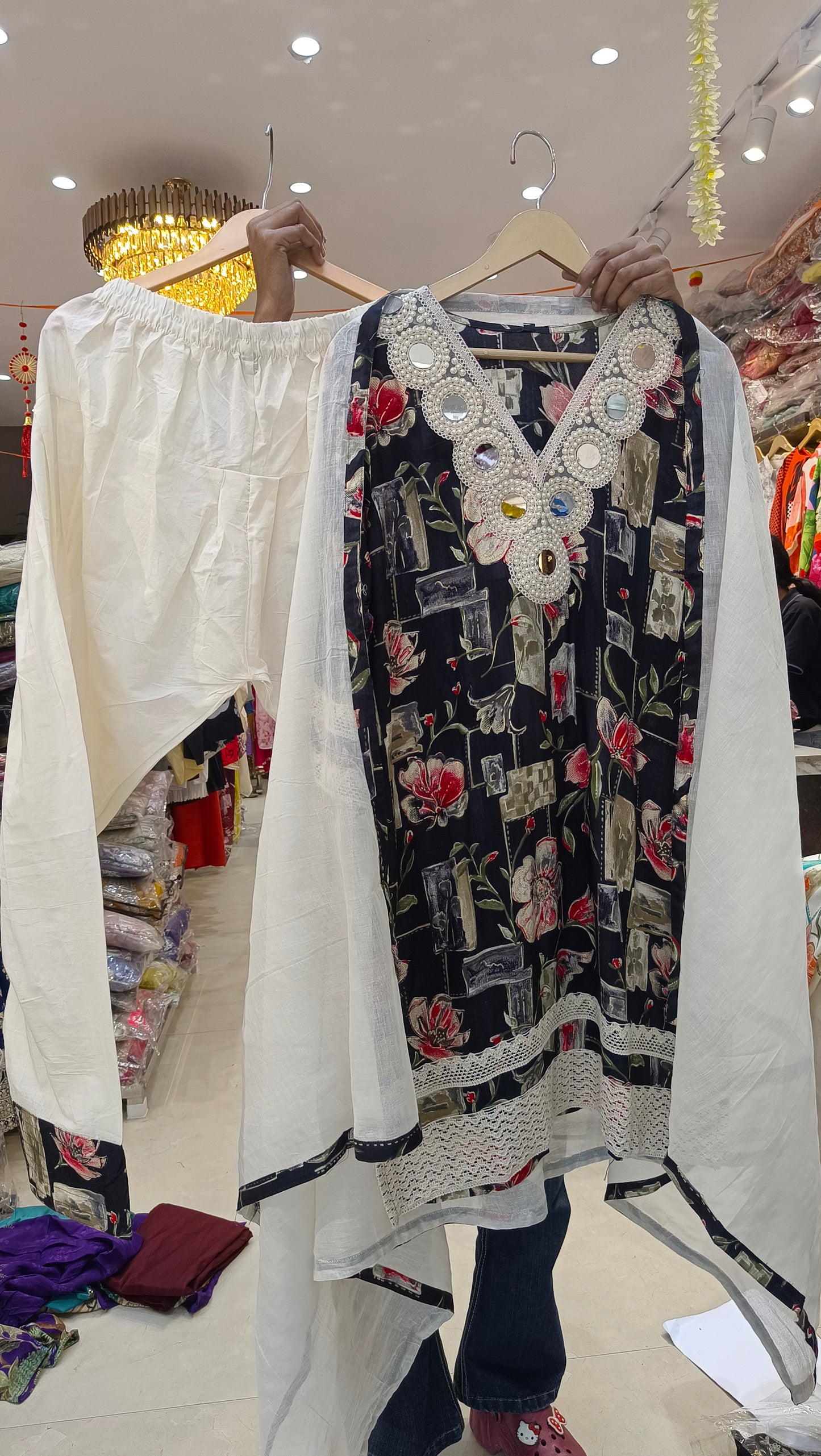 PURE COTTON PEARL AND MIRROR WORK FARSHI SALWAR SUIT