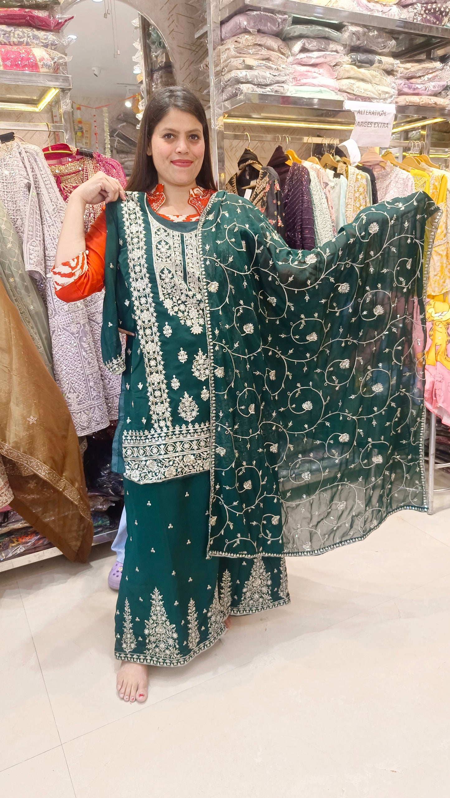 GREEN PHULKARI WITH FULL FLAIR JAFFA SUIT
