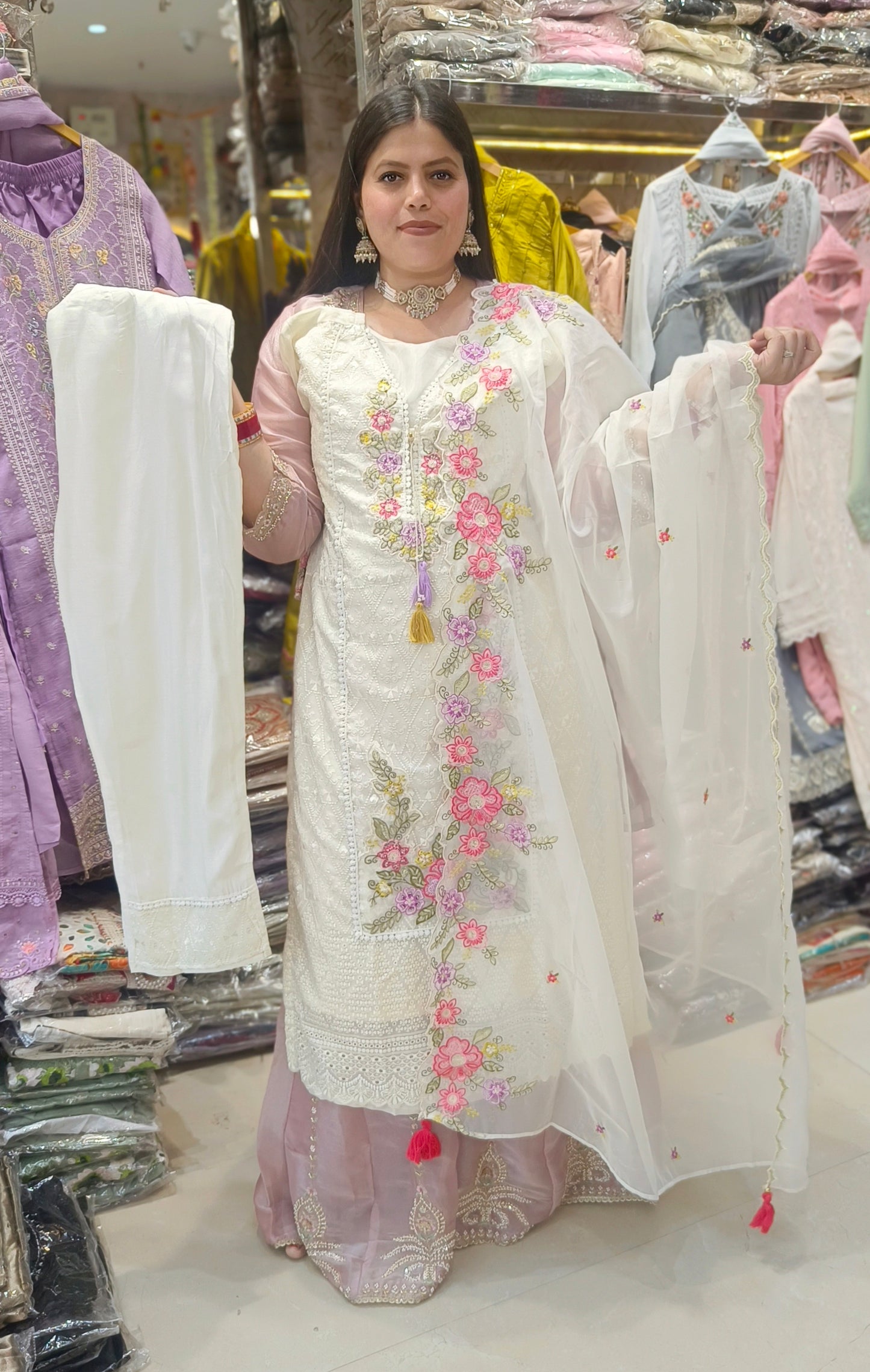 WHITE GEORGET MULTI COLOURED FLORAL SUIT