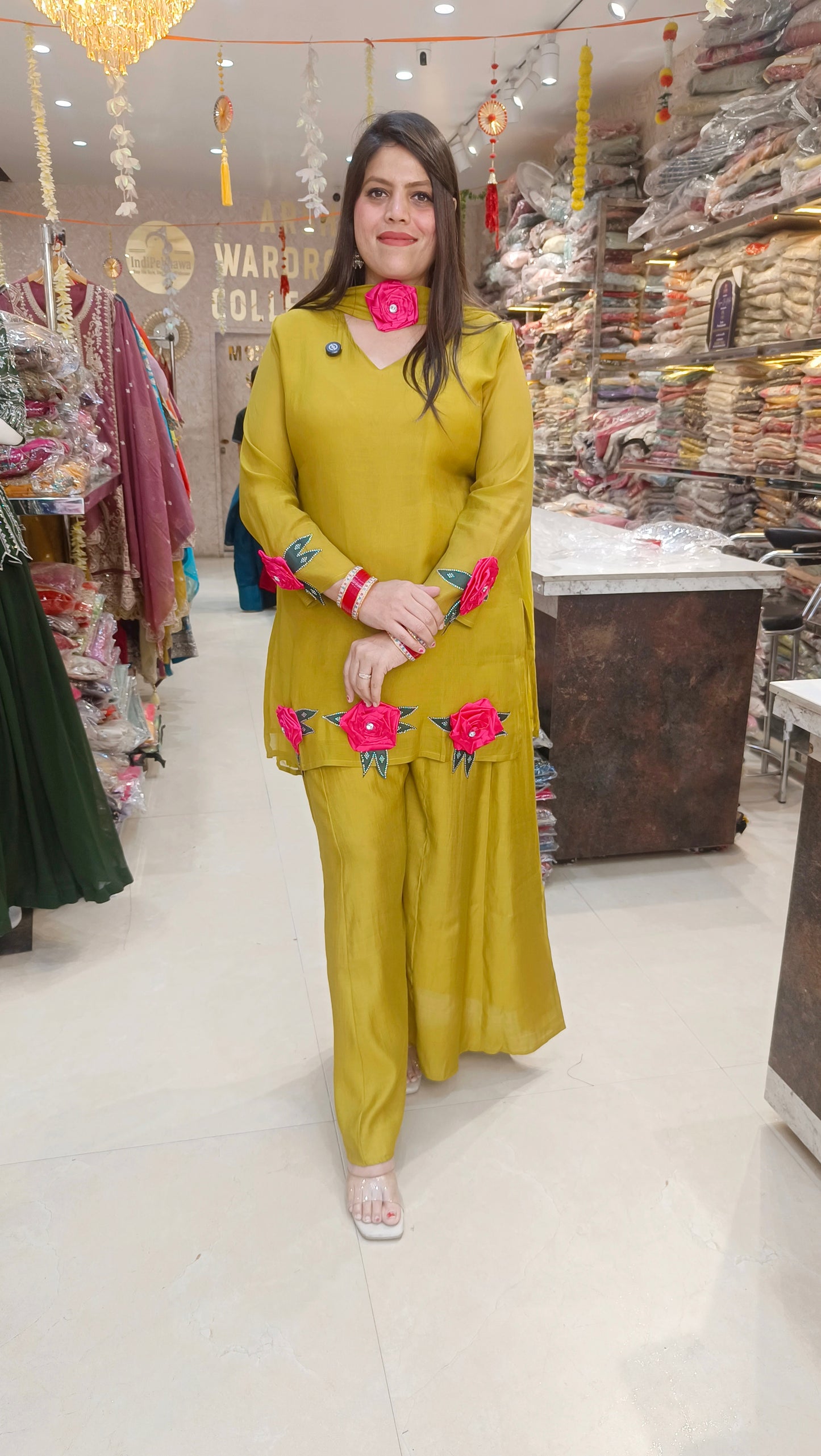 MALL CHANDERI FLORAL DESIGN PLAIN SUIT