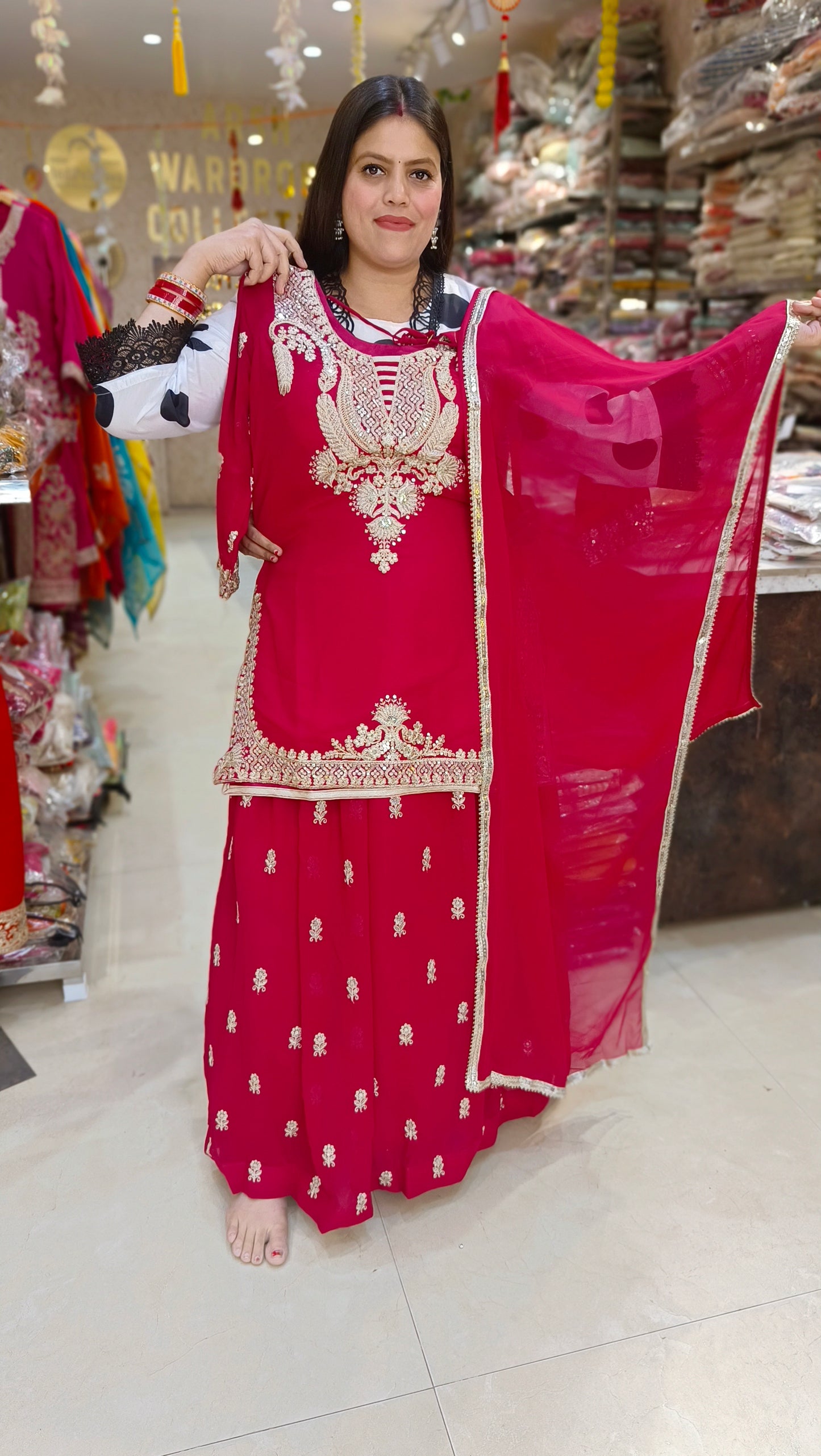 HOT PINK GEORGET LONG LENGTH SHIRT WITH FULL FLAIR LEHENGA