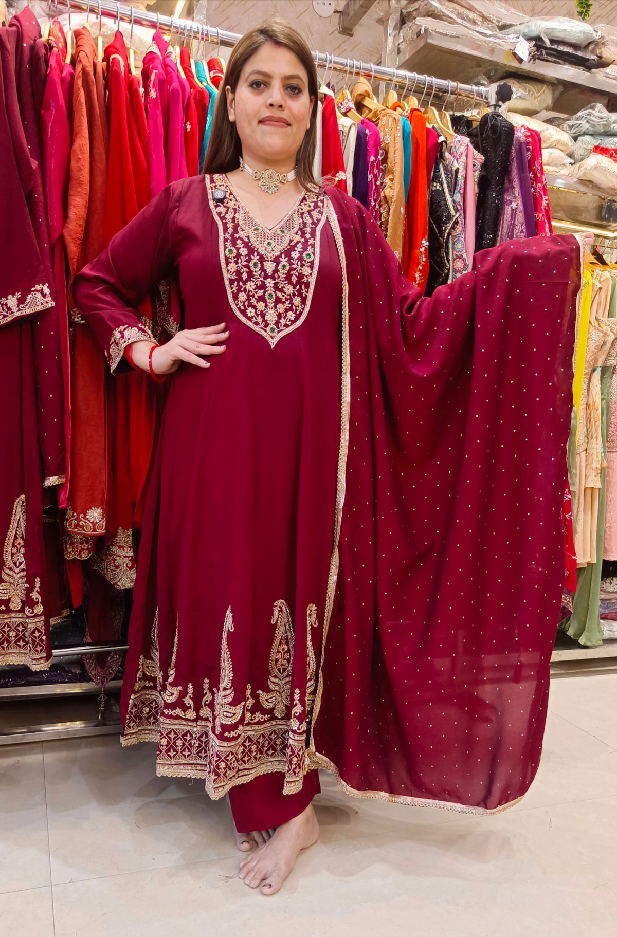 MEHROON NECK DESIGN HANDWORK FUL KALI ANARKALI