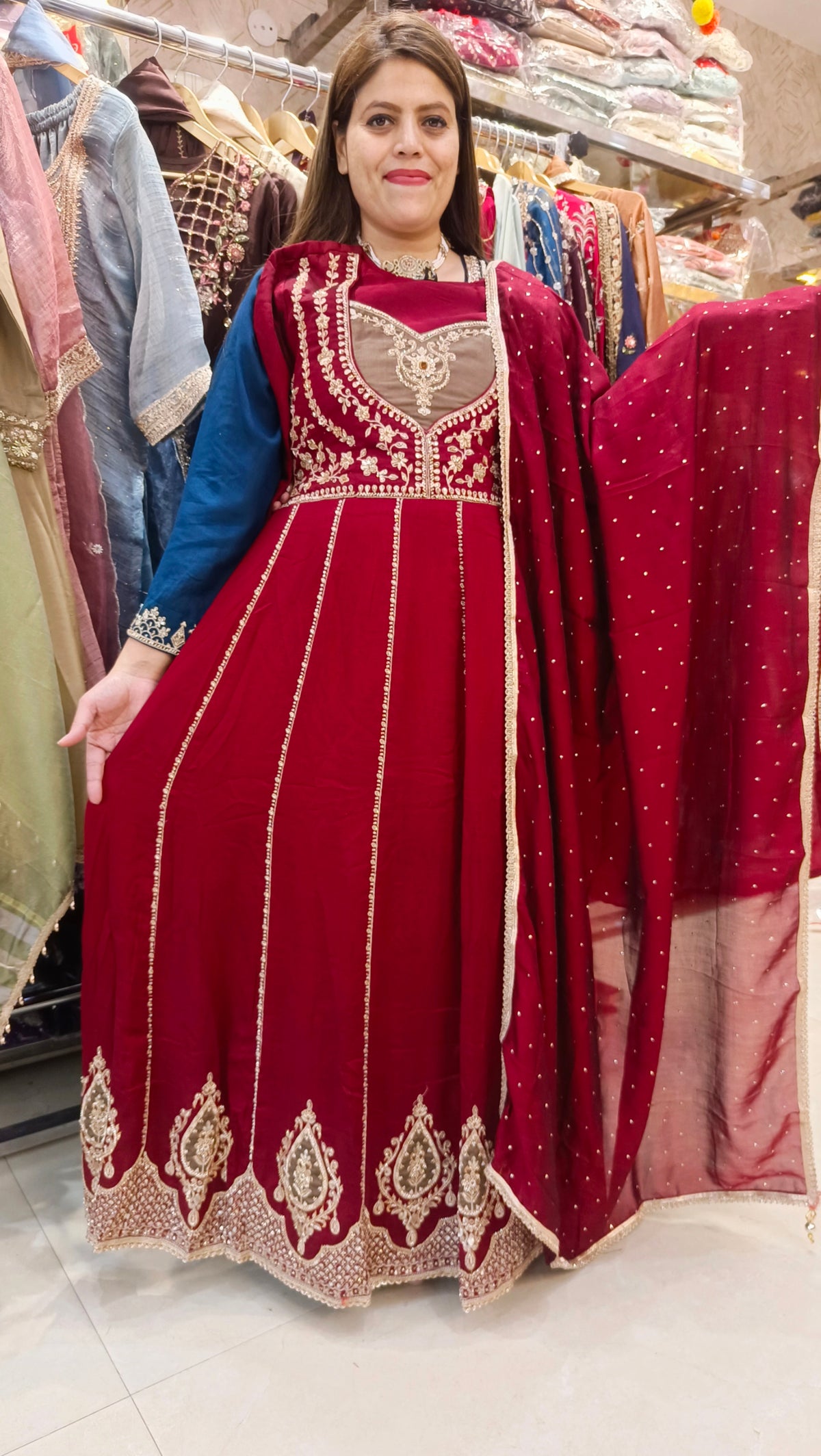 MEHROON COPPER GOLD BUSTIER DESIGN ANARKALI