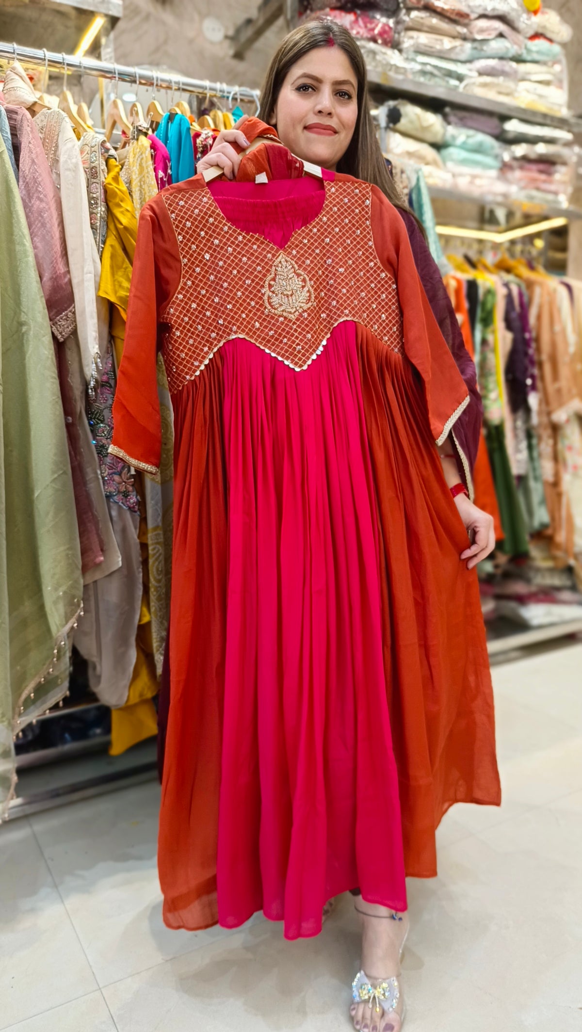 Mal Chanderi Anarkali WIth Golden Work