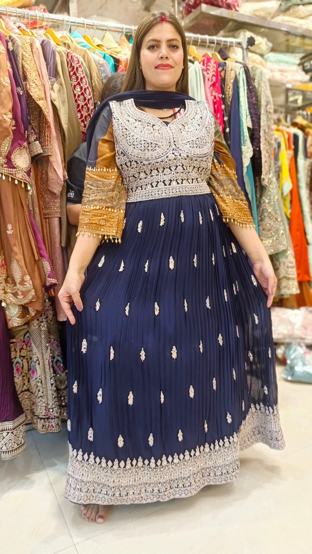 BEAUTIFUL SILVER HANDWORK FULL FLAIR GOWN