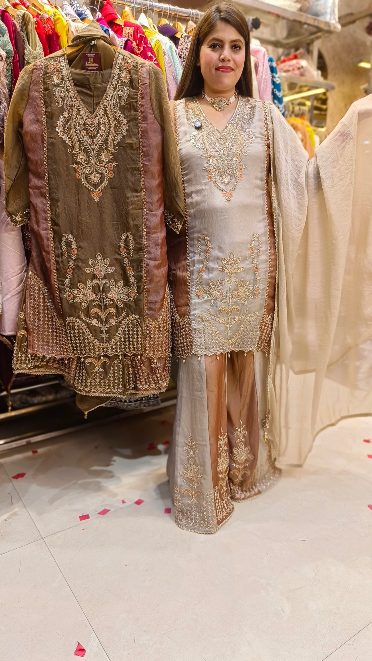 PURE RUSSIAN SILK SHARARA SUIT WITH HEAVY WORK (BROWN)