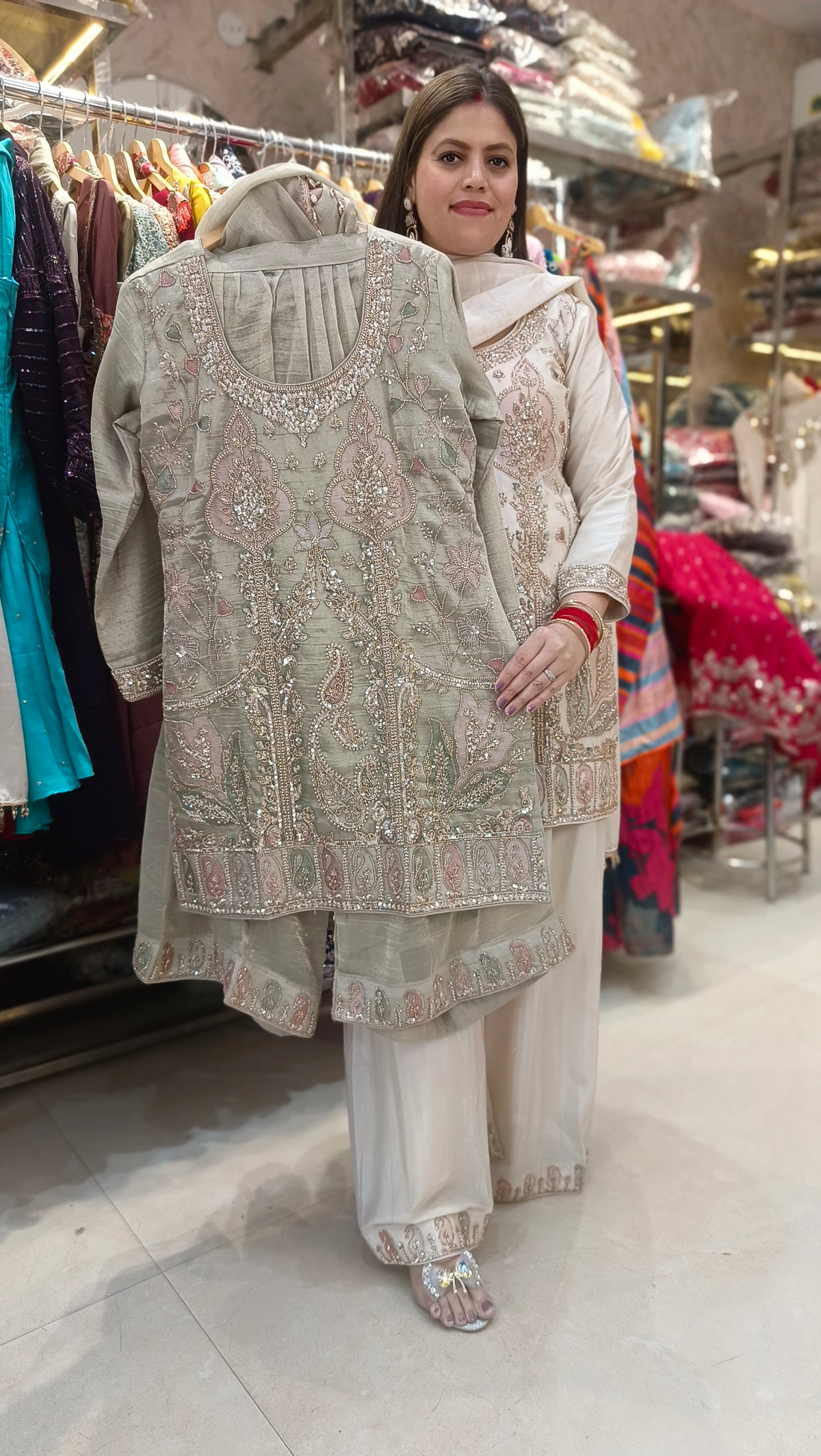 PURE CHINON PLAZO SUIT WITH HEAVY HANDWORK SUIT (GREEN)
