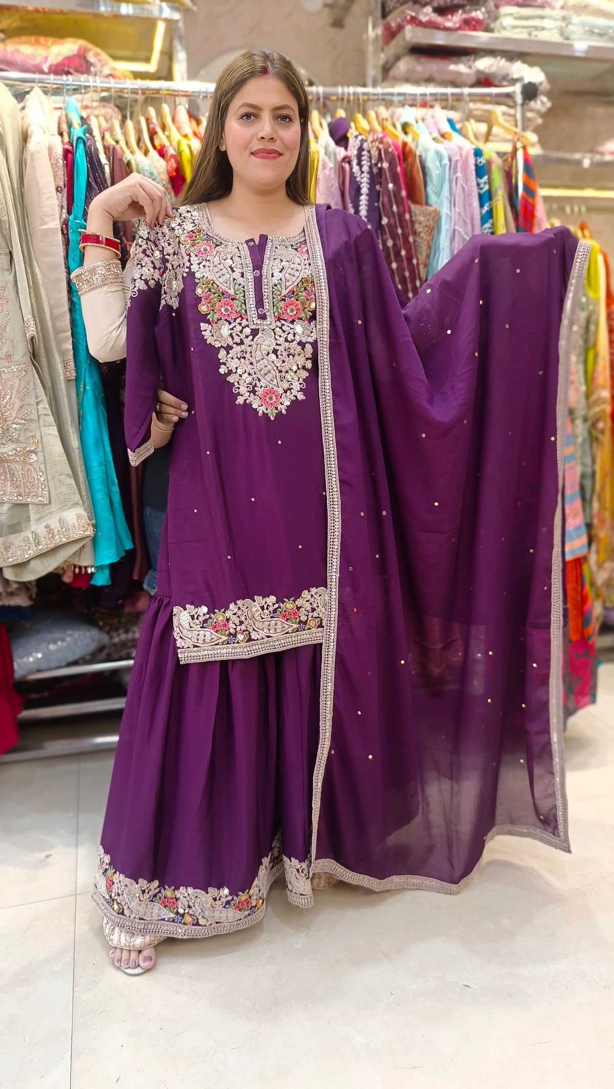 PURE CHINON SHARARA SUIT WITH HANDWORK(PURPLE)