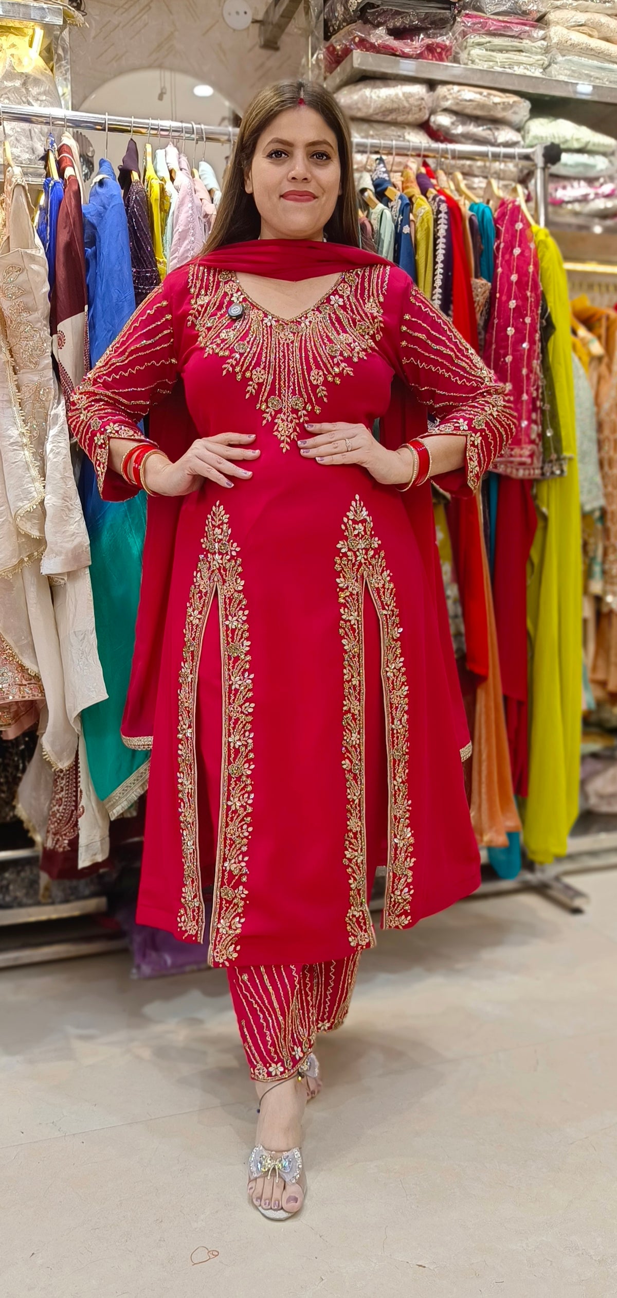 HOT PINK GOLDEN PEARL WORK SIDE CUT ANARKALI