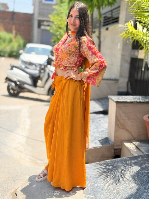 YELLOW CROP TOP WITH BEAUTIFUL SKIRT