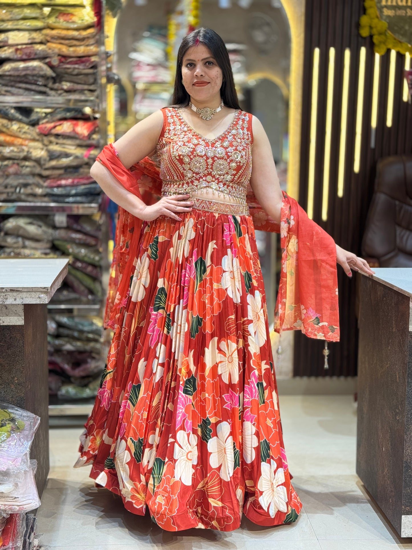ORANGE FULL TILLA AND PEARL WORK BEAUTIFUL LEHENGA