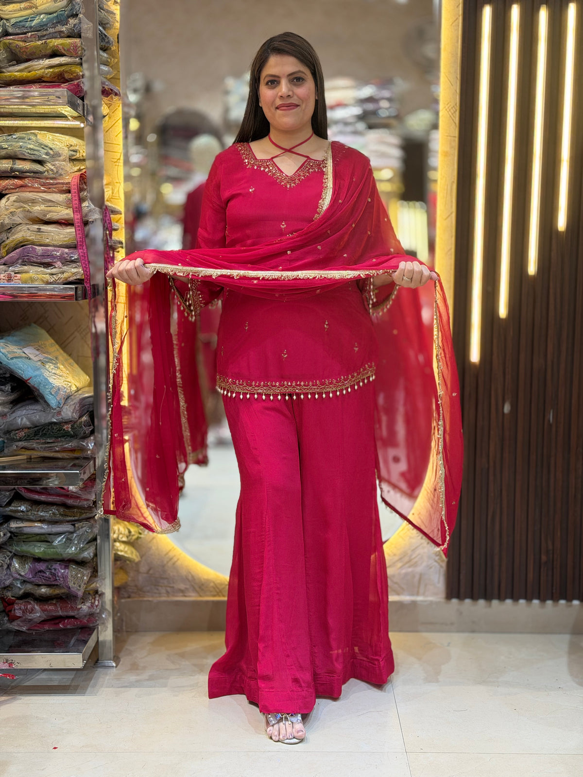 HOT PINK DESIGNER NECK PURE CHINON SUIT WITH JAFFA