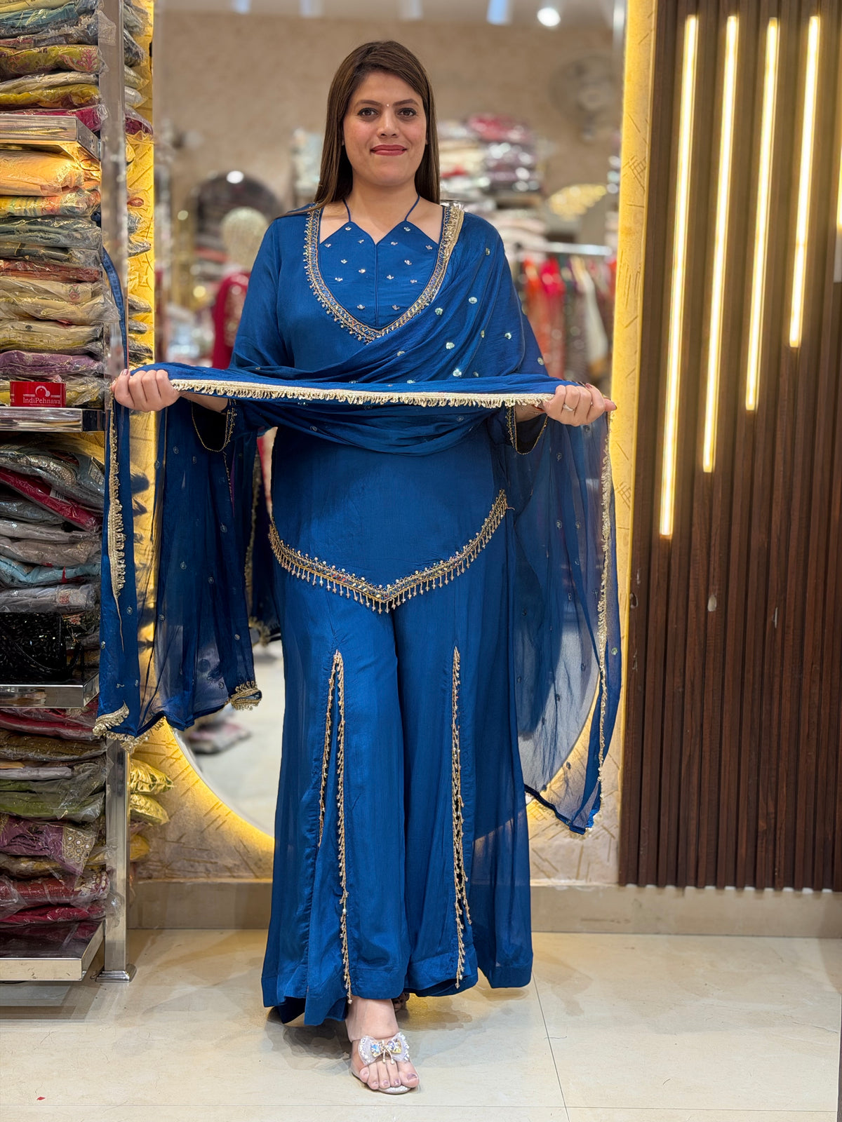 ROYAL BLUE NECK DESIGN WITH KASHMIRI PLAZZO