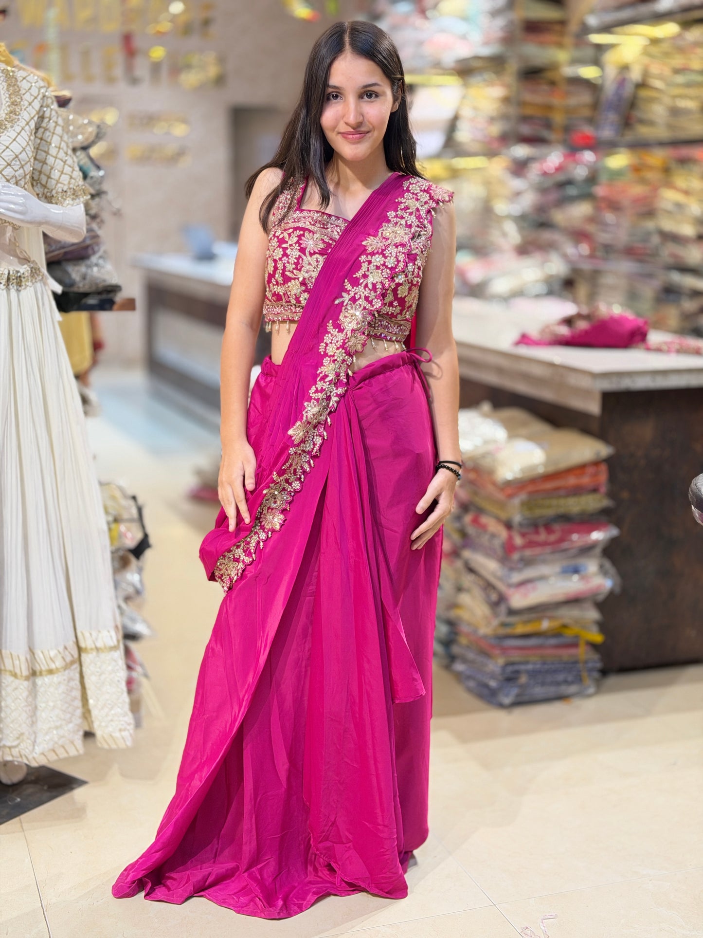 FUCHSIA PINK DESINER SAREE JACKET SET WITH ORIGINAL MIRROR WORK/ZARI WORK/TILLA WORK/PEARL WORK