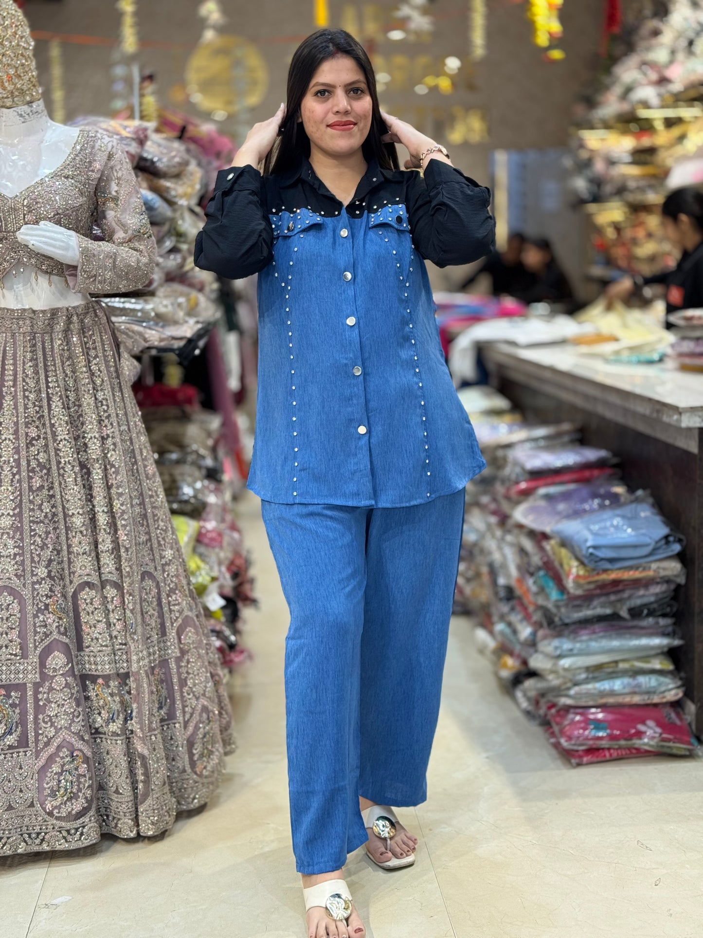 DENIM COTTON DUAL SHADE TOP WITH BEAUTIFUL PANT CORDSET