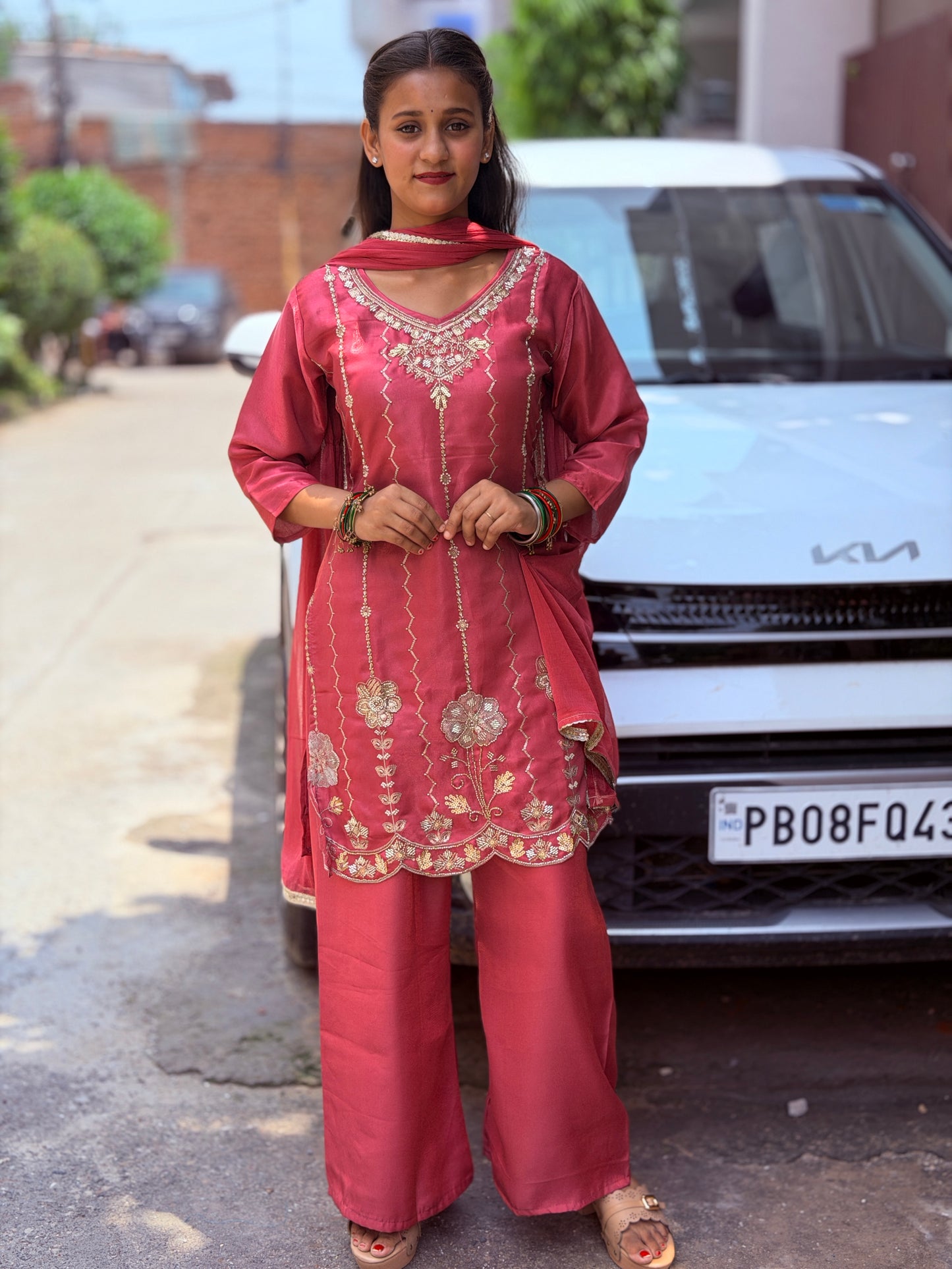 PARTY WEAR RUSHIAN SILK DARK SHADE CORDSET