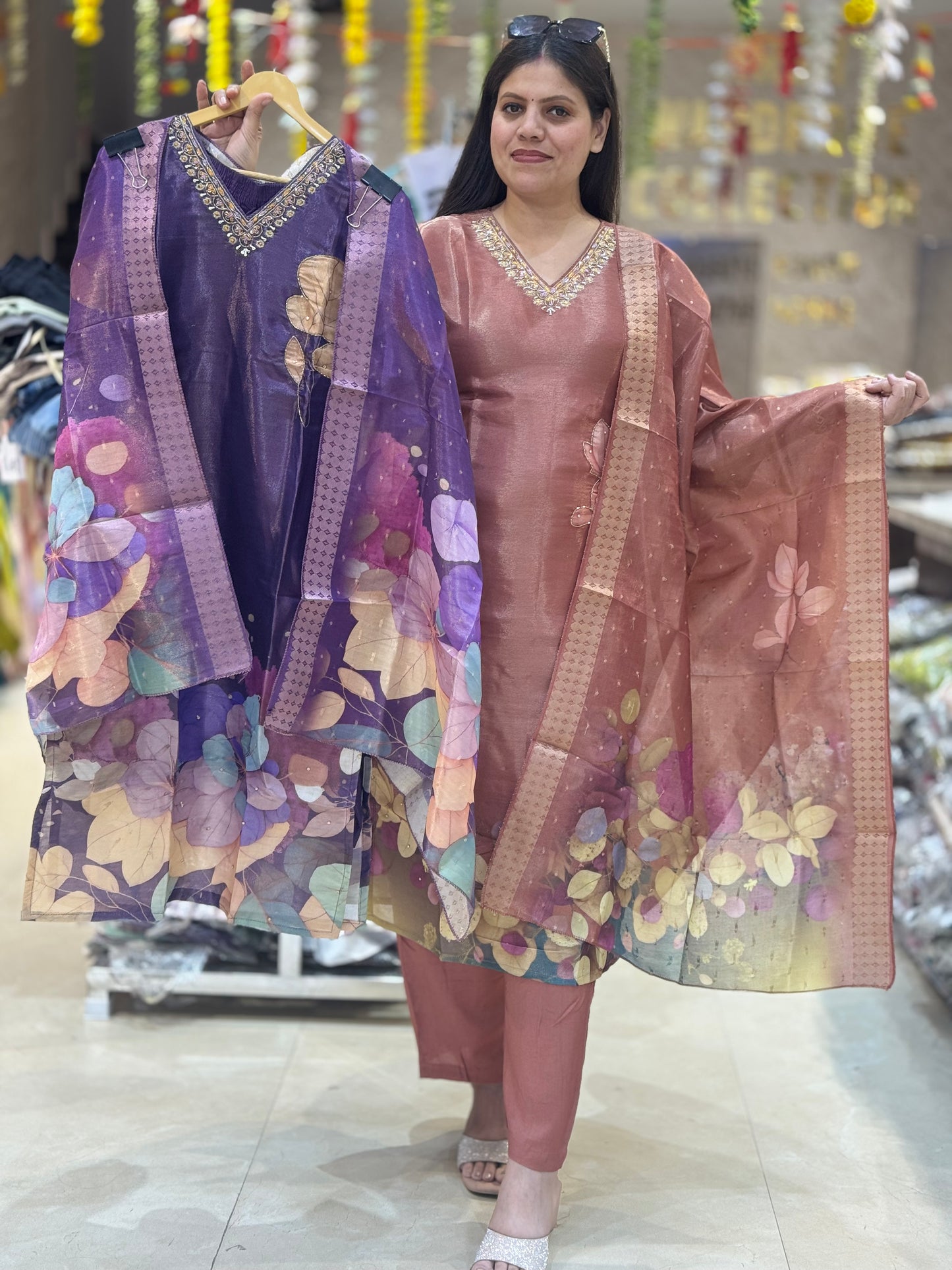 Pure Tissue Fabric Banarsi Floral Suit With Tilla Work