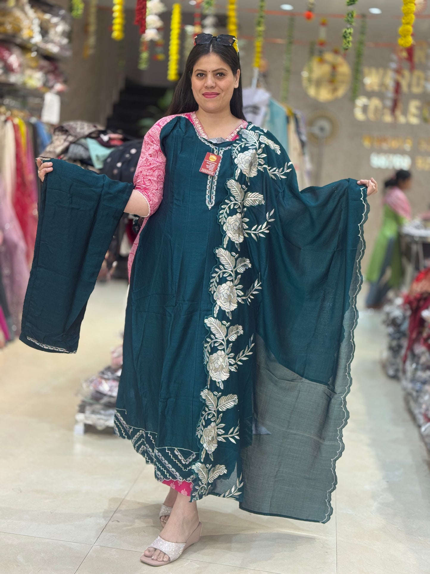 BOTTLE GREEN AND MEHROON PREMIUM CHINON PARTY WEAR ANARKALI