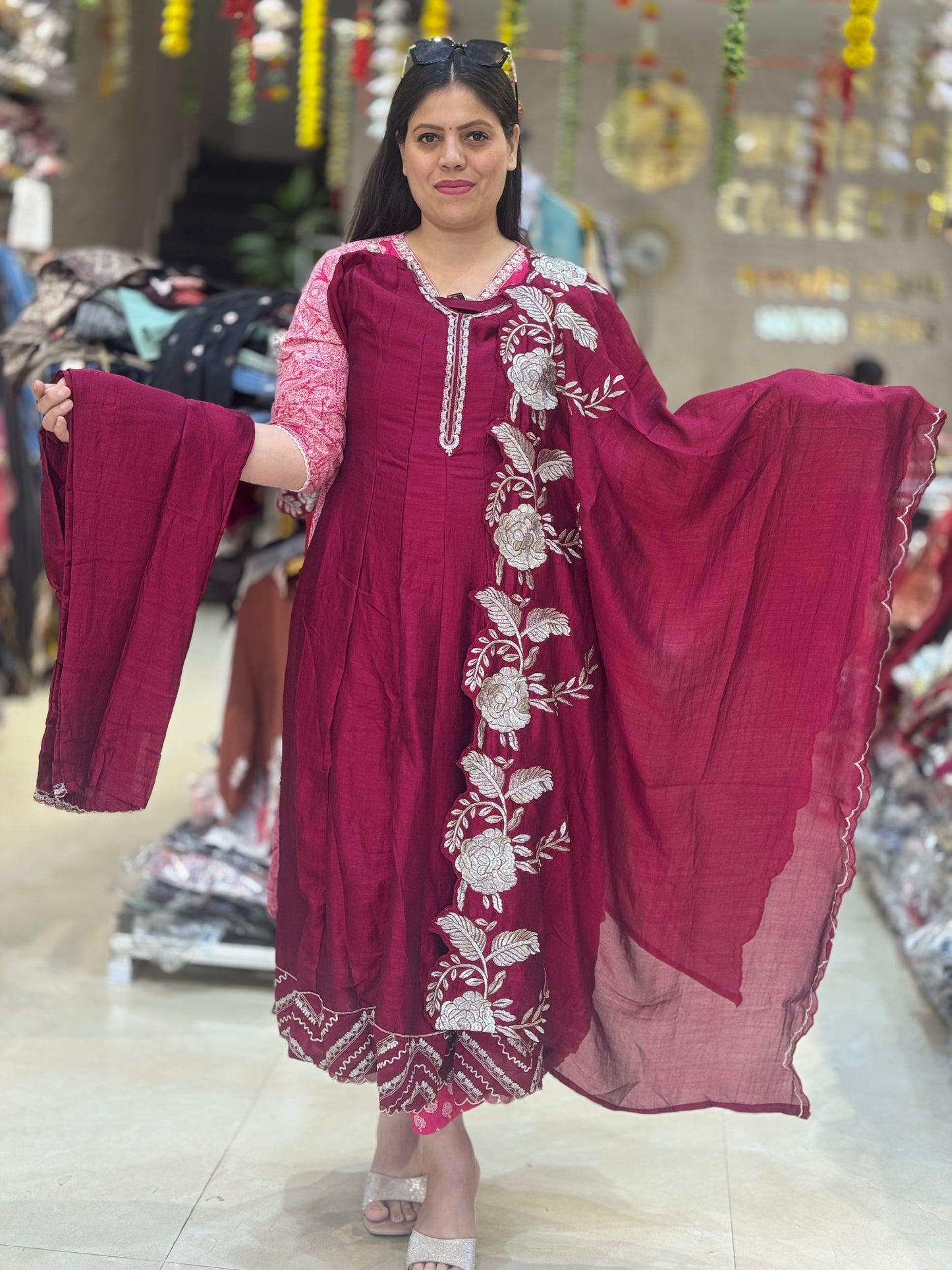 BOTTLE GREEN AND MEHROON PREMIUM CHINON PARTY WEAR ANARKALI