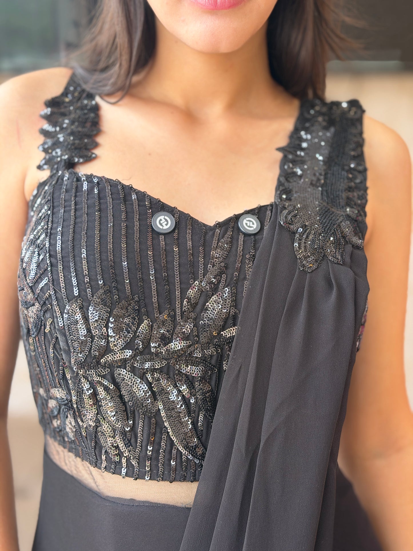 BLACK PEARL WORK DESIGNER SAREE GOWN