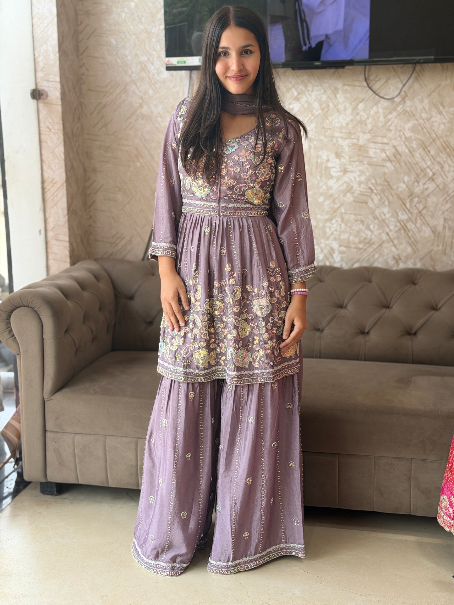 PURE CHINON WEDING WEAR HANDWORK DESIGN PEMPLUM DESIGN WITH SHARAR