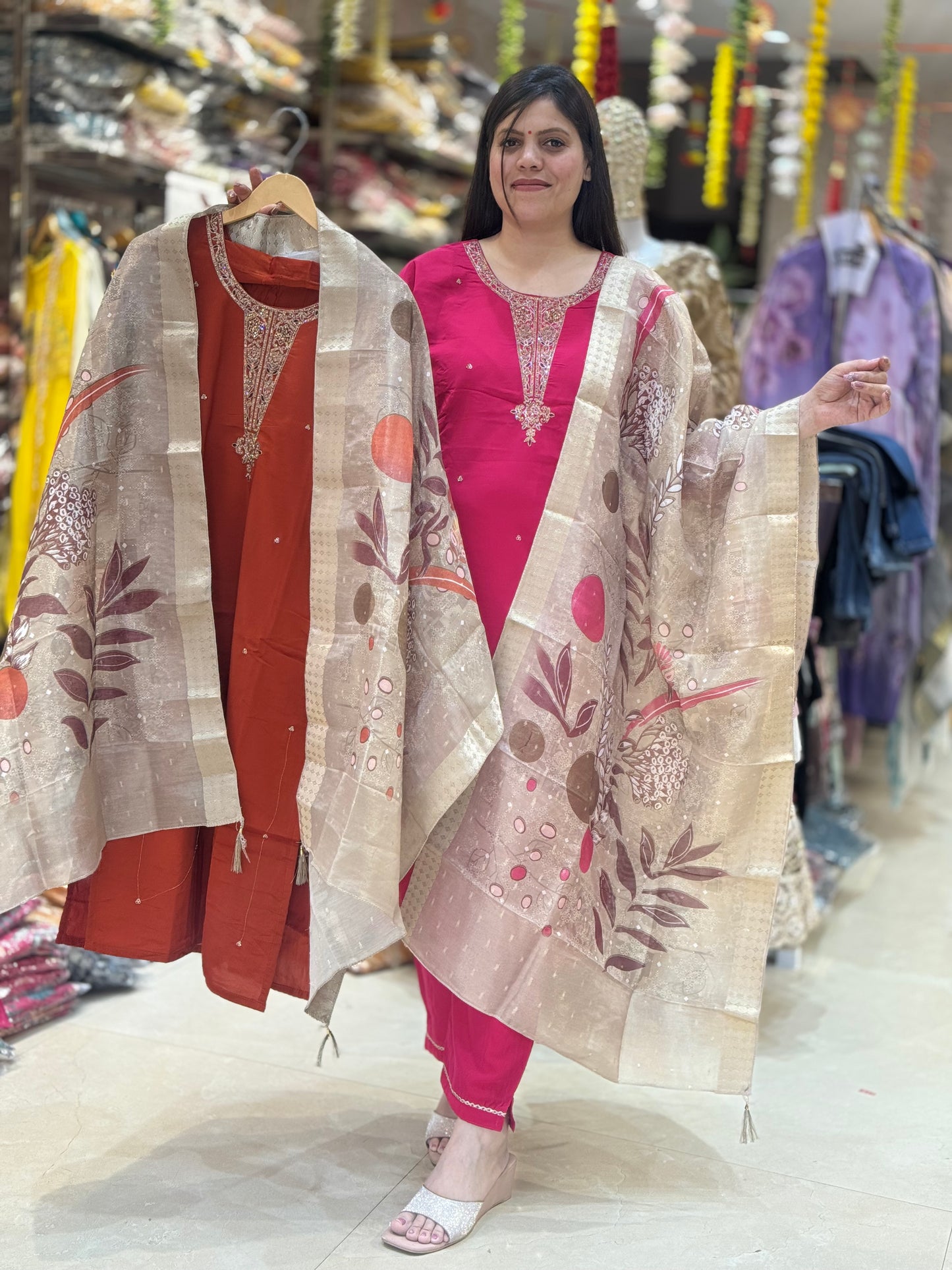 Orange Pure Fabric Suit With Banarsi Dupatta