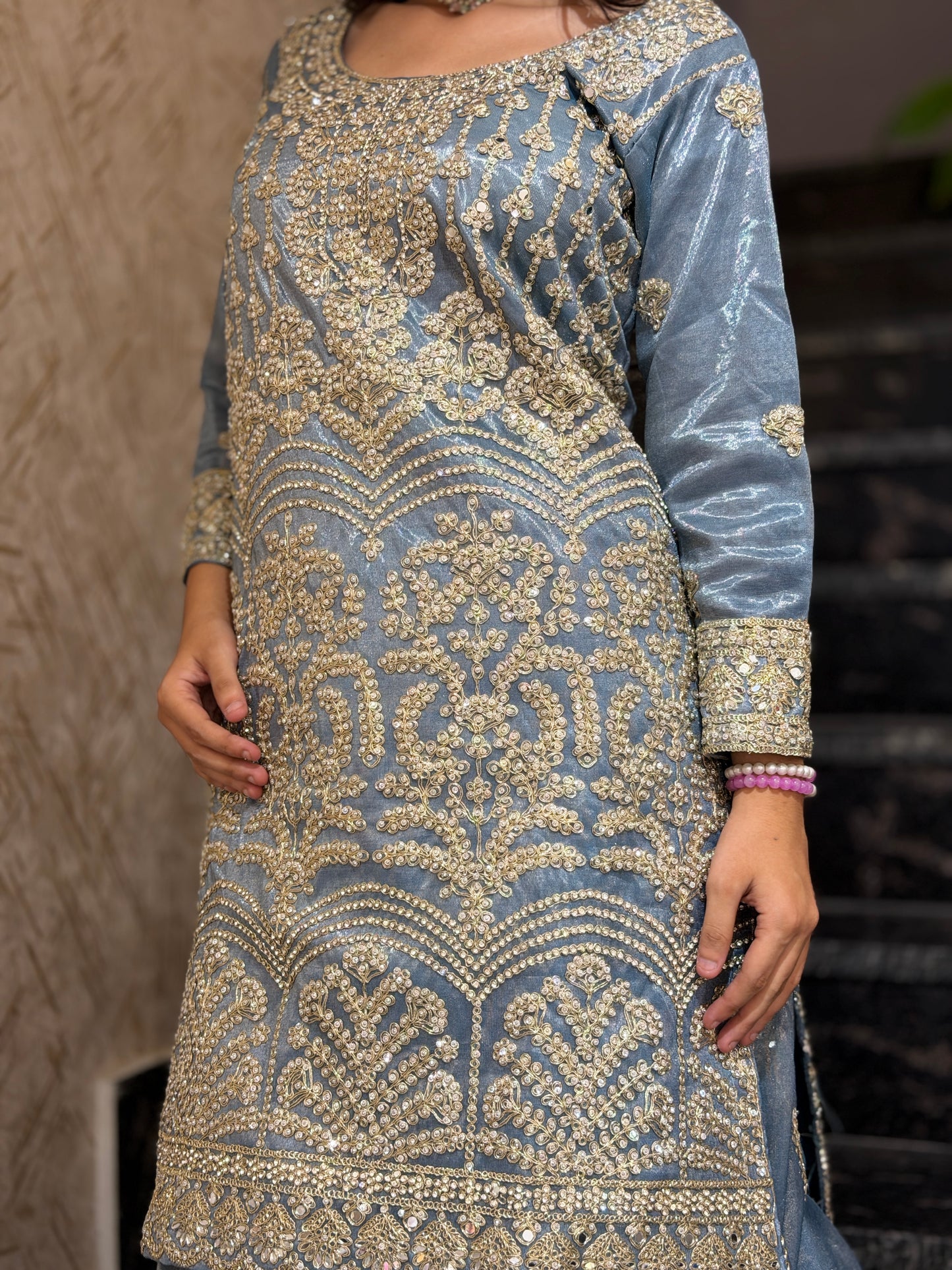 STEEL GREY GOLDEN TILLA WORK WITH PEARL LEHENGA